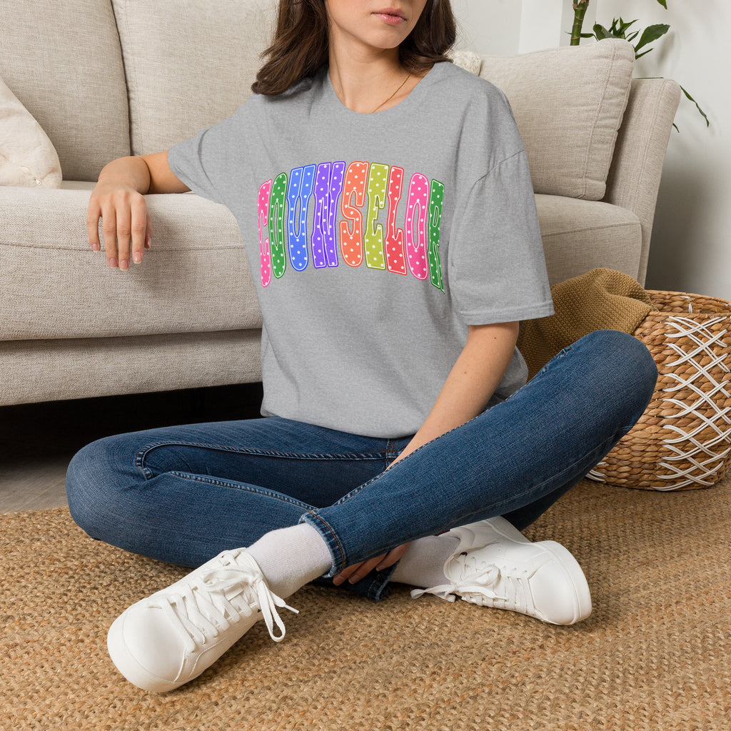 Counselor Rainbow Polka Dot T-Shirt — Colorful Retro School Staff Tee