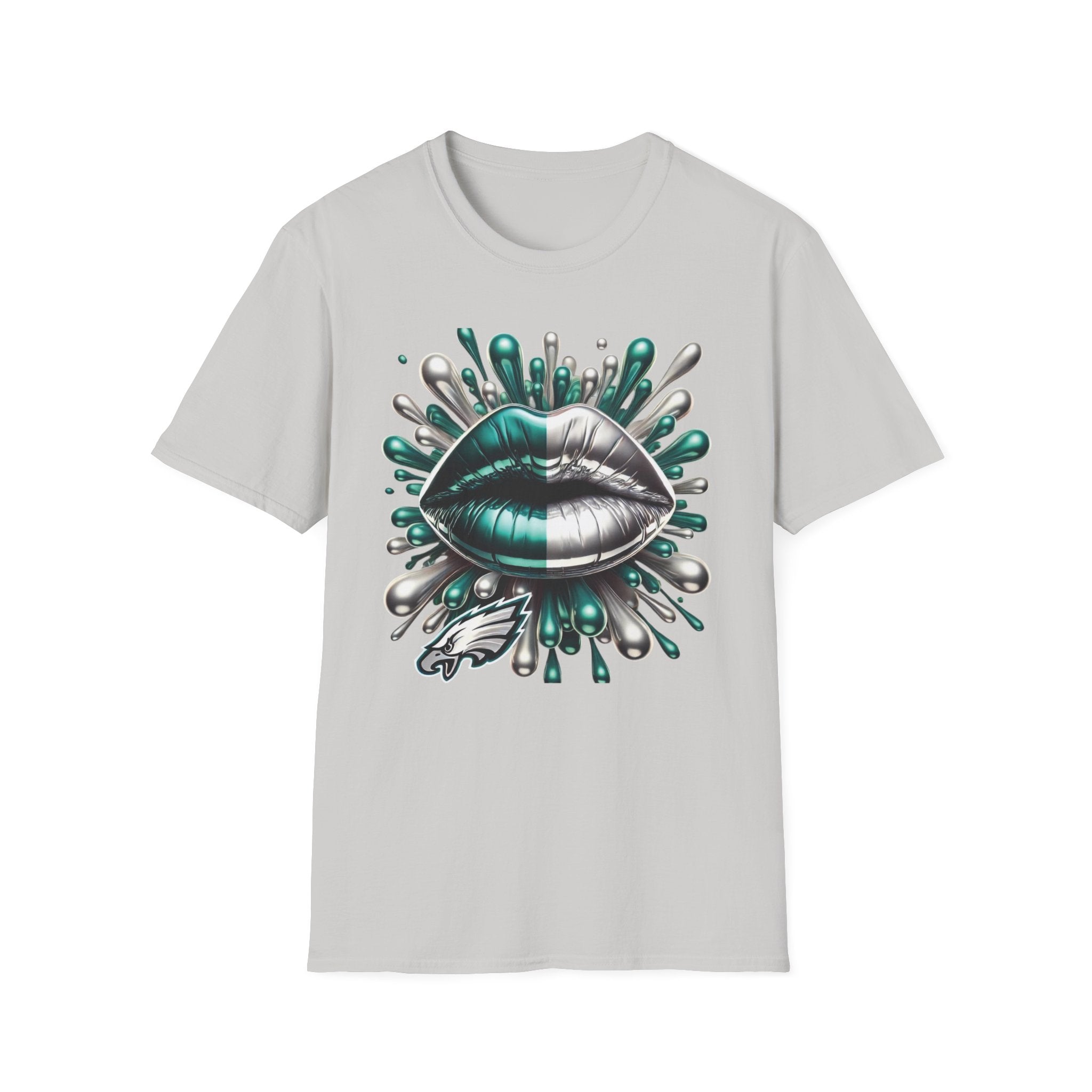 Graphic Tee — Metallic Teal & Silver Lip Splash Design