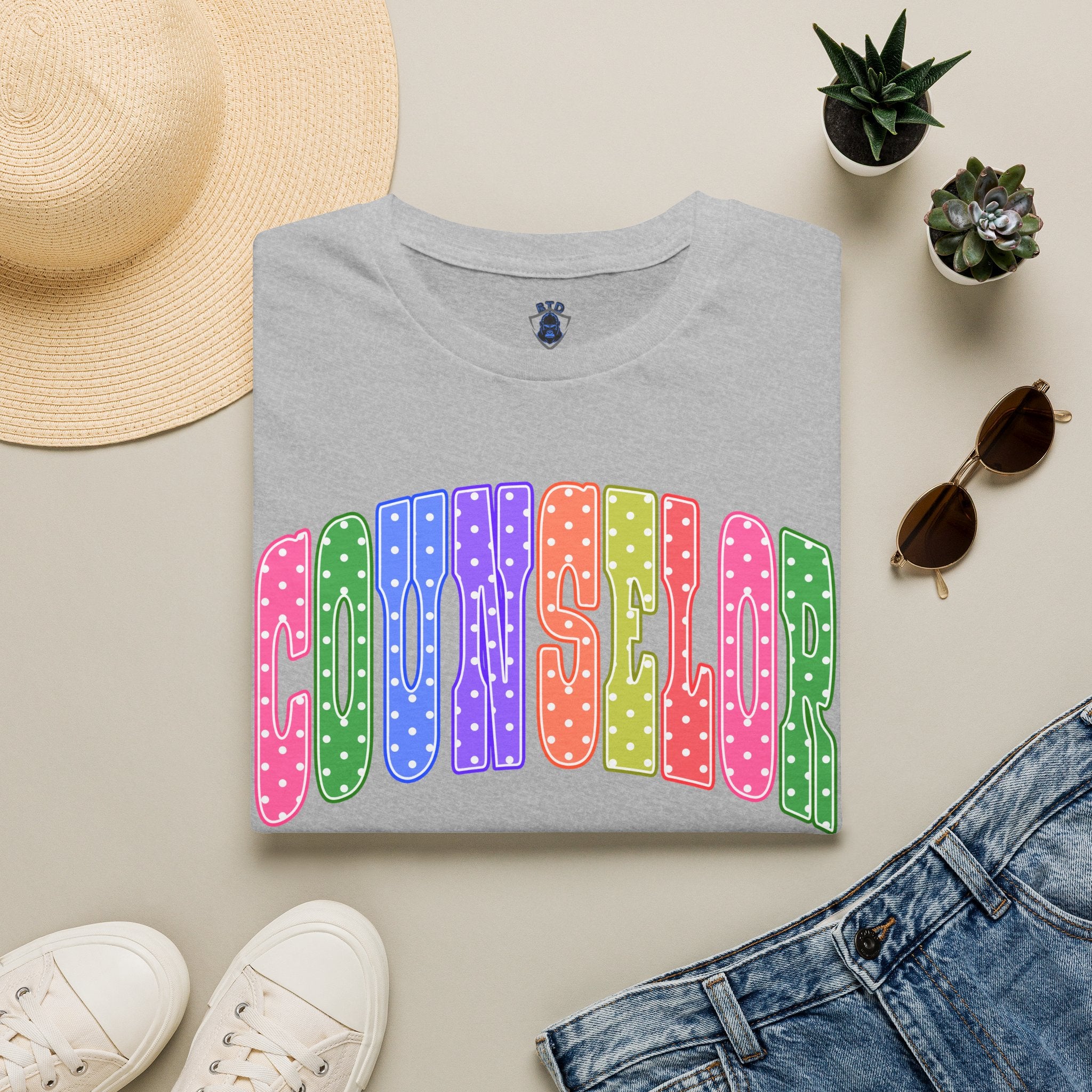 Counselor Rainbow Polka Dot T-Shirt — Colorful Retro School Staff Tee