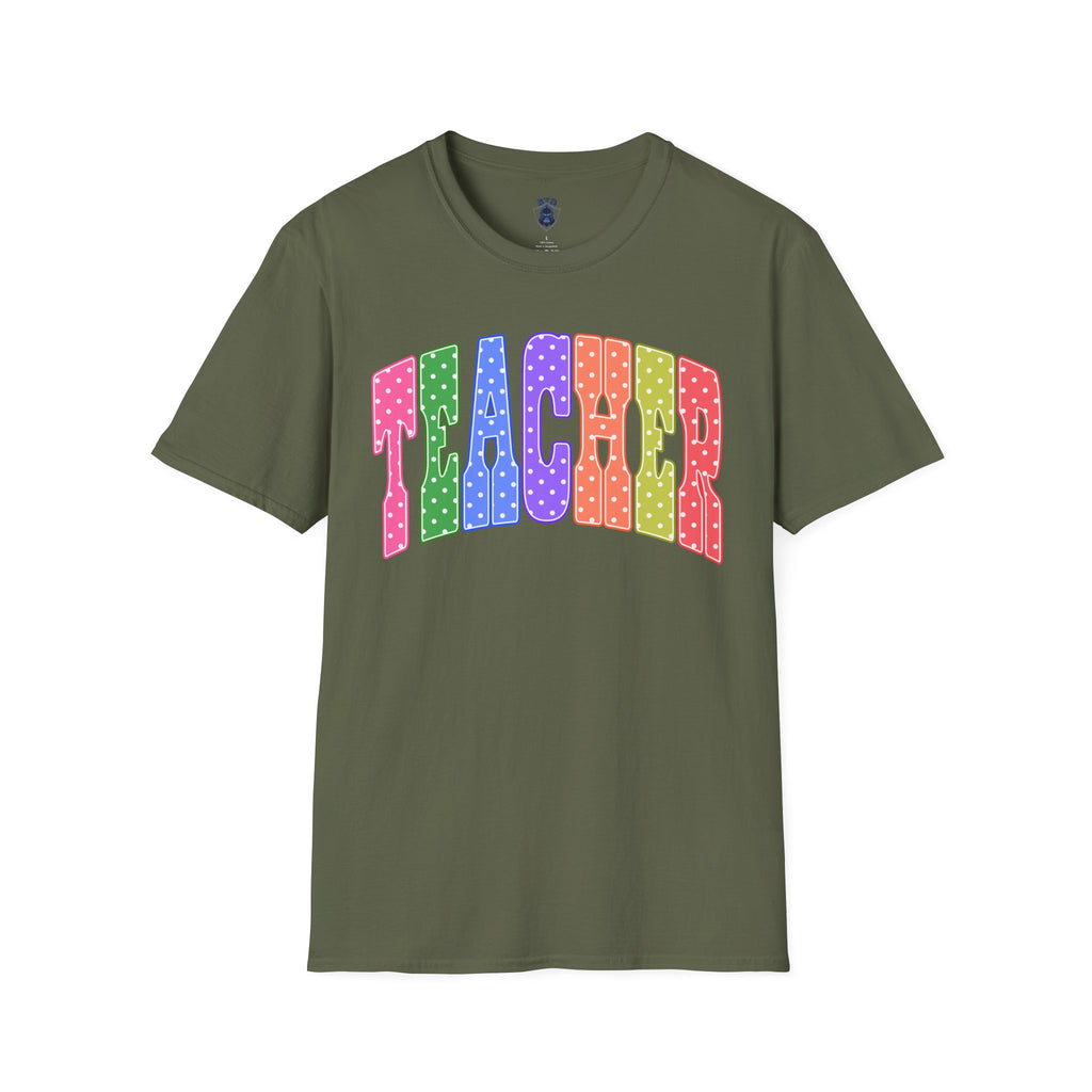 Teacher Colorblock Polka Dot T-Shirt — Bright Rainbow Educator Tee