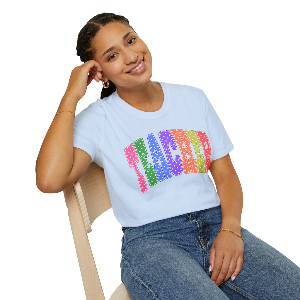Teacher Colorblock Polka Dot T-Shirt — Bright Rainbow Educator Tee