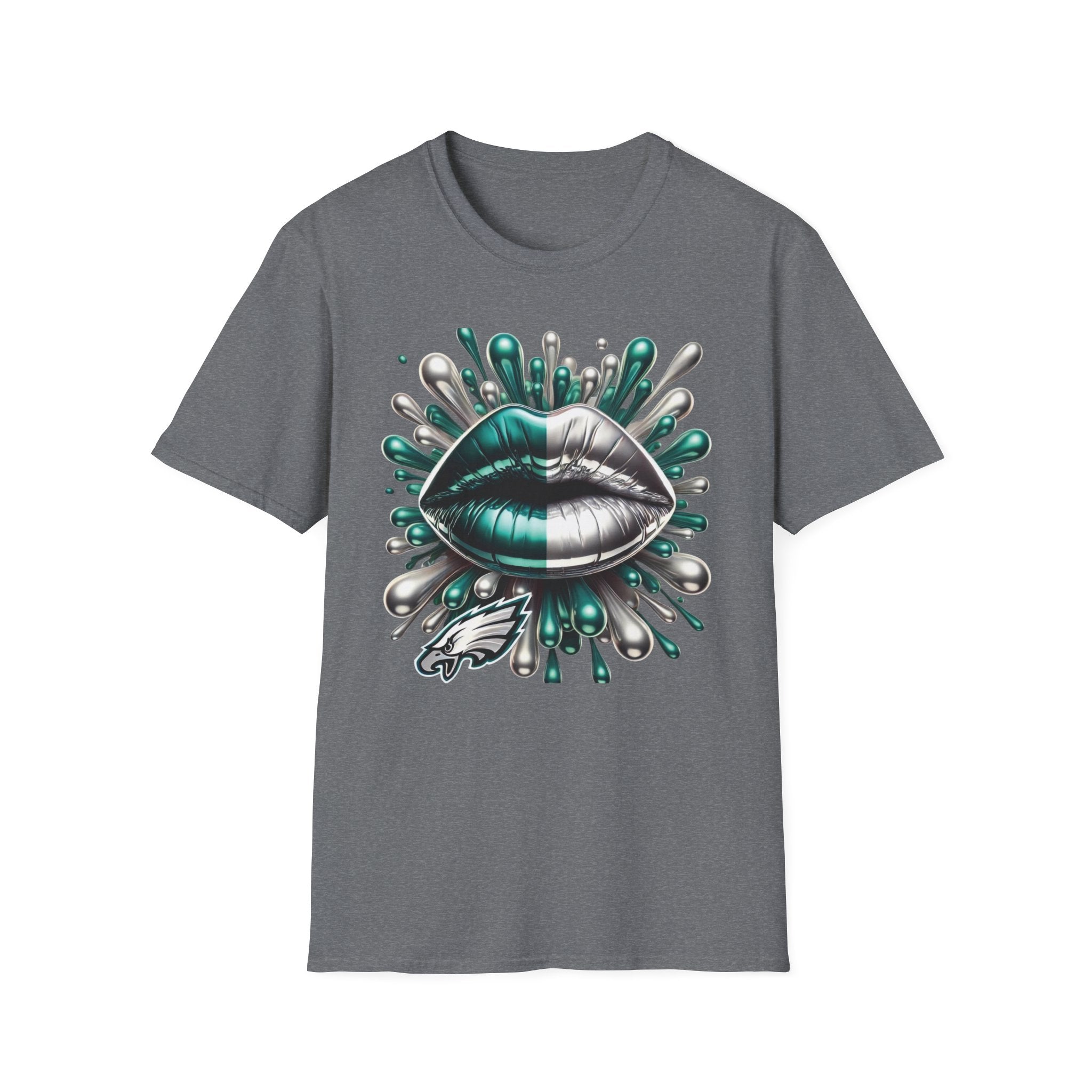 Graphic Tee — Metallic Teal & Silver Lip Splash Design