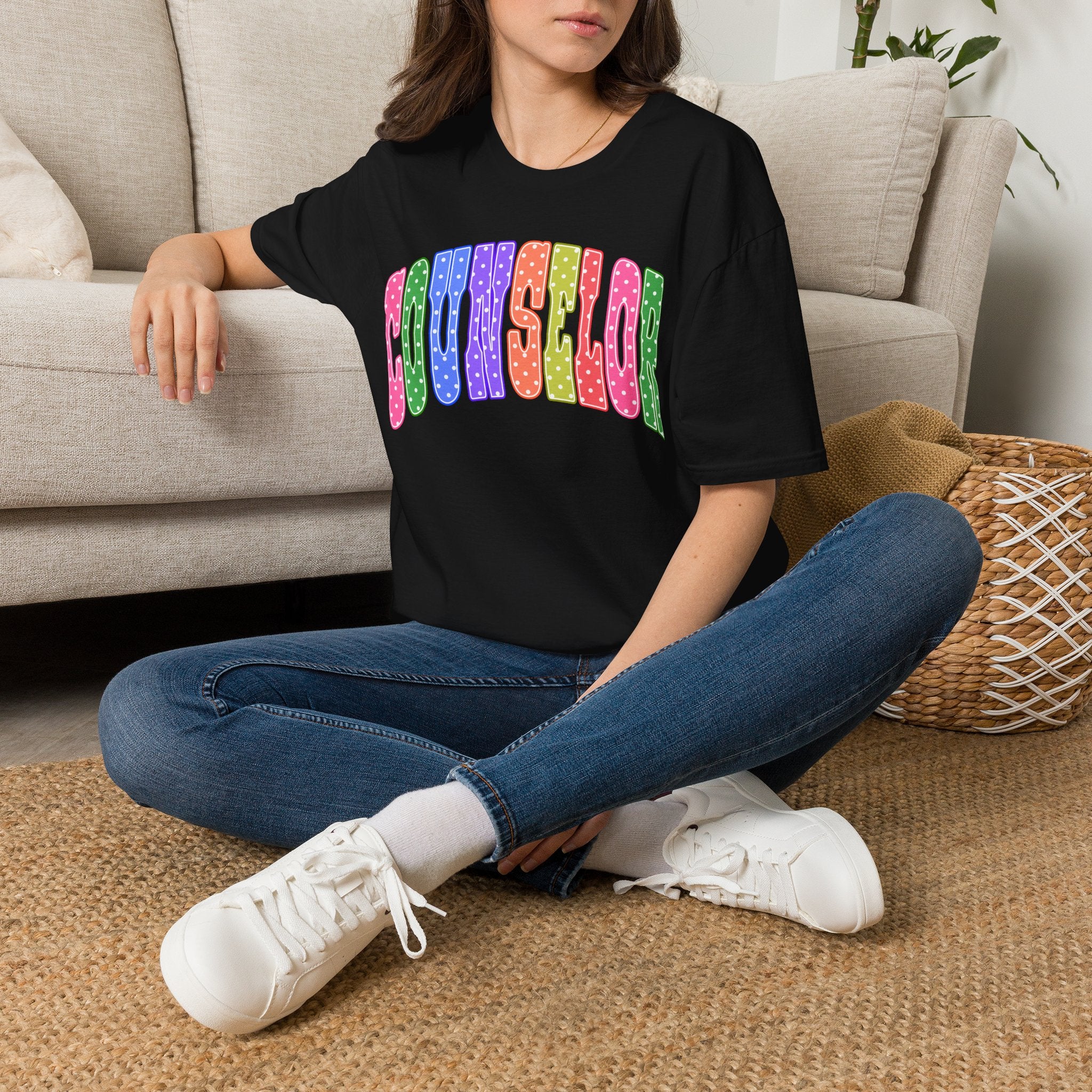 Counselor Rainbow Polka Dot T-Shirt — Colorful Retro School Staff Tee