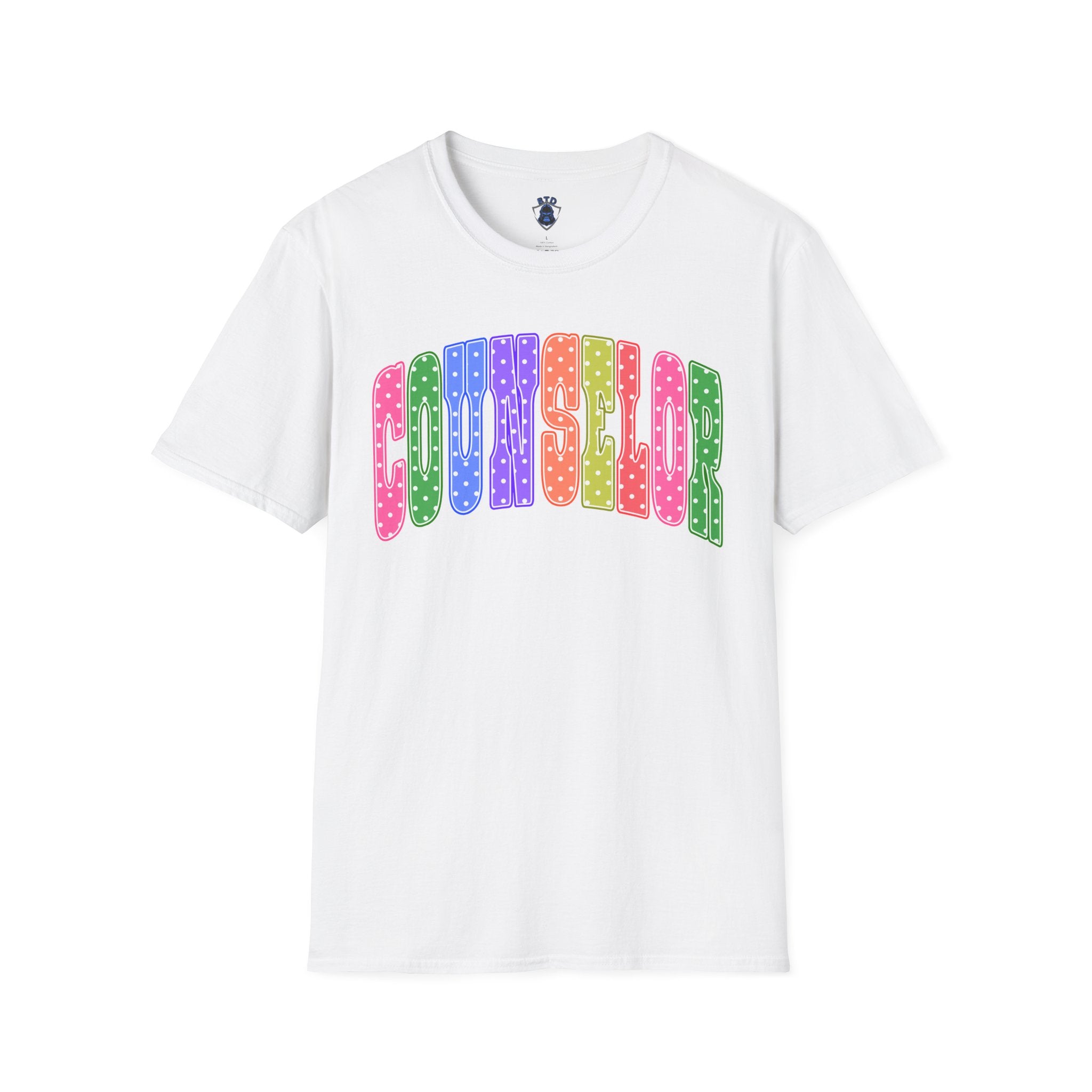 Counselor Rainbow Polka Dot T-Shirt — Colorful Retro School Staff Tee