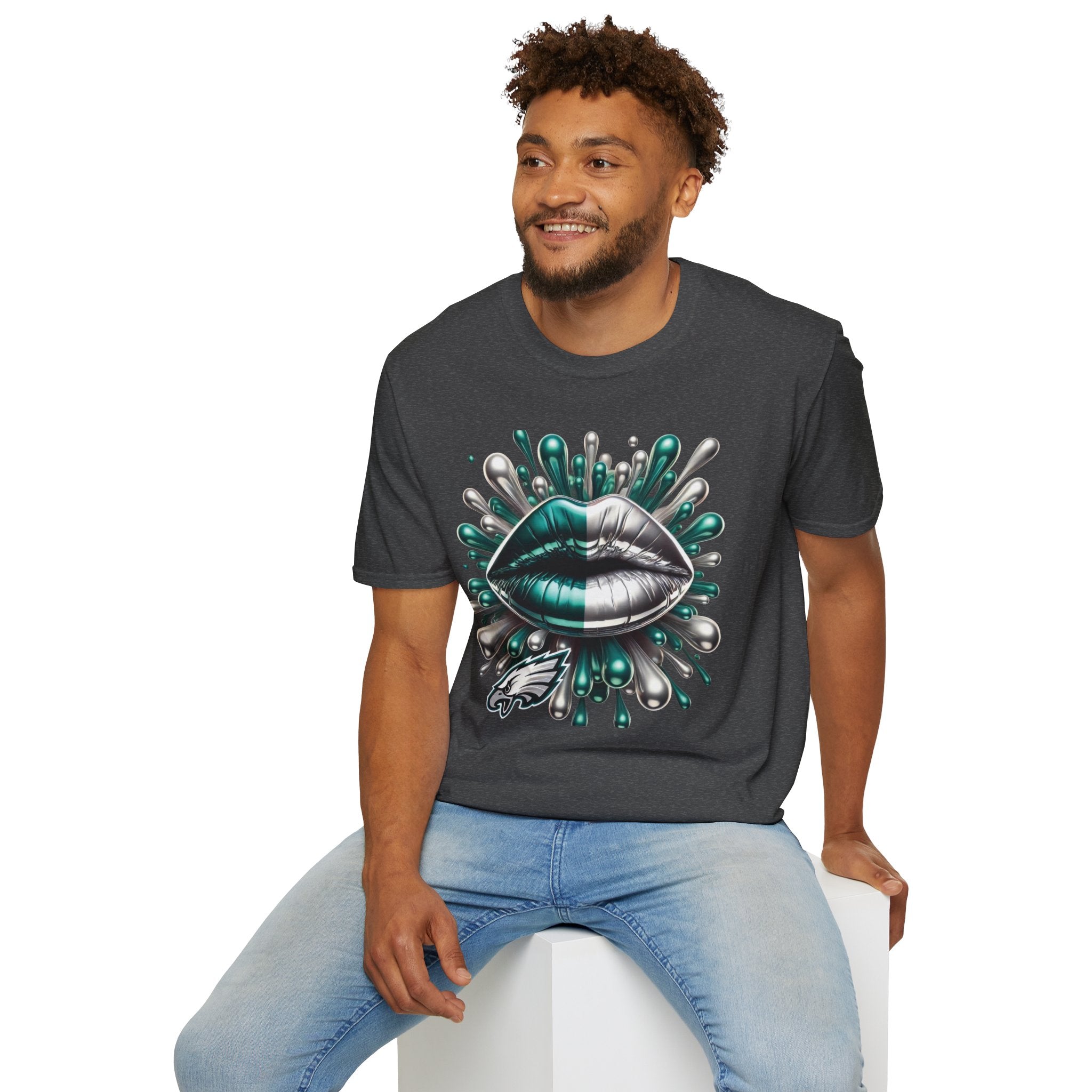 Graphic Tee — Metallic Teal & Silver Lip Splash Design