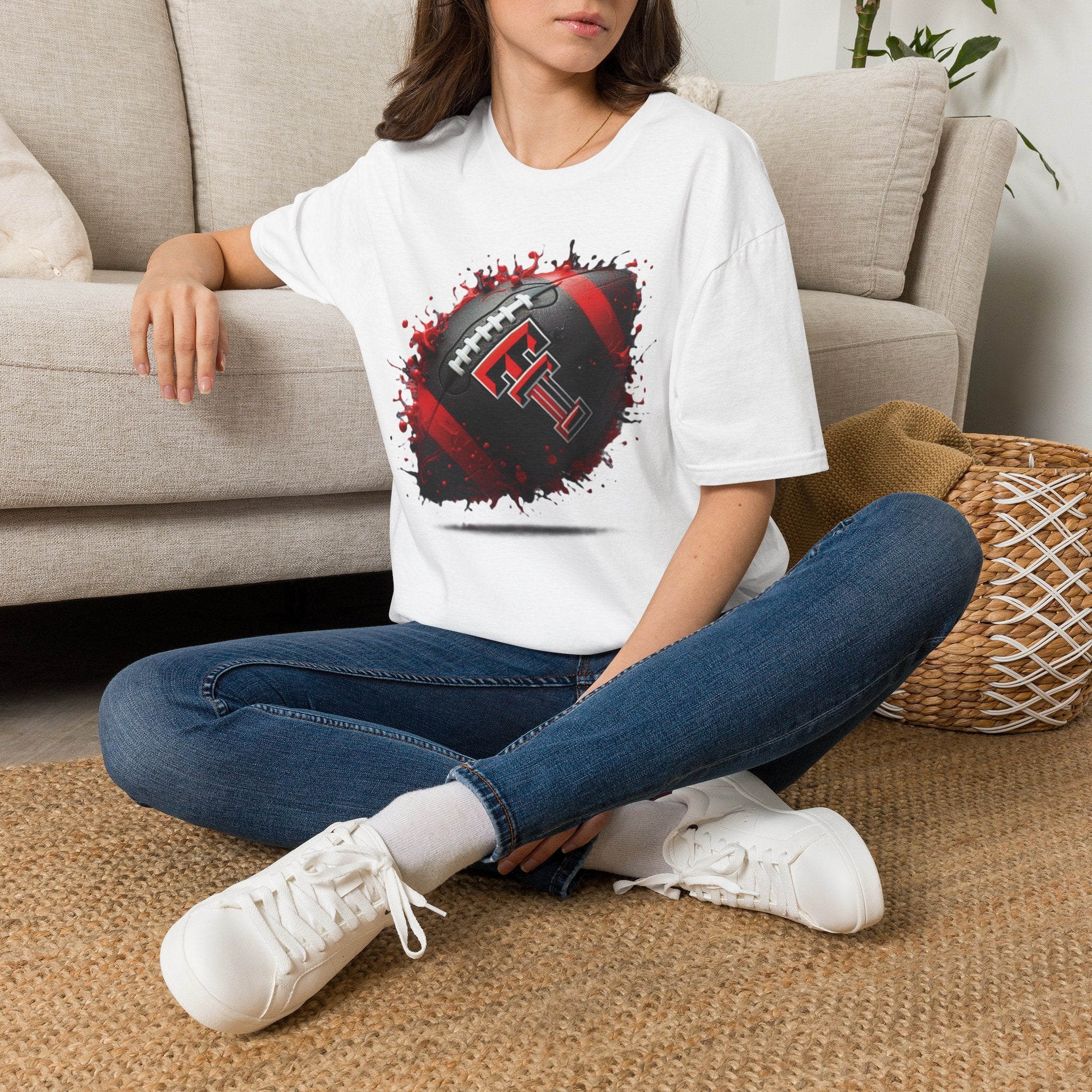 Texas Tech Football Tee — Red & Black Splash Football Design
