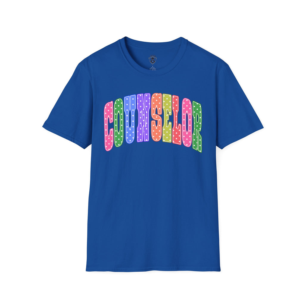 Counselor Rainbow Polka Dot T-Shirt — Colorful Retro School Staff Tee