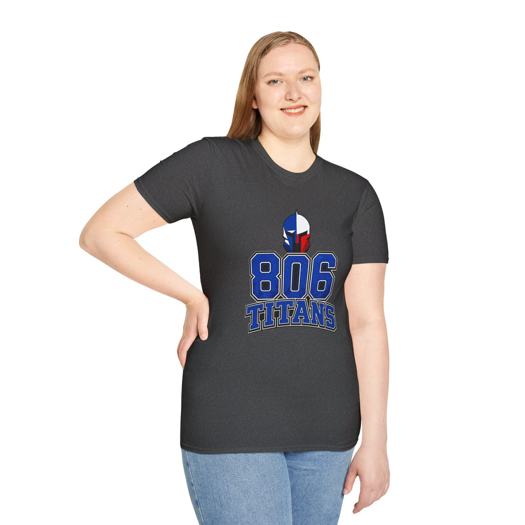 806 Titans T-Shirt — Spartan Helmet Logo Blue & Red Sports Tee