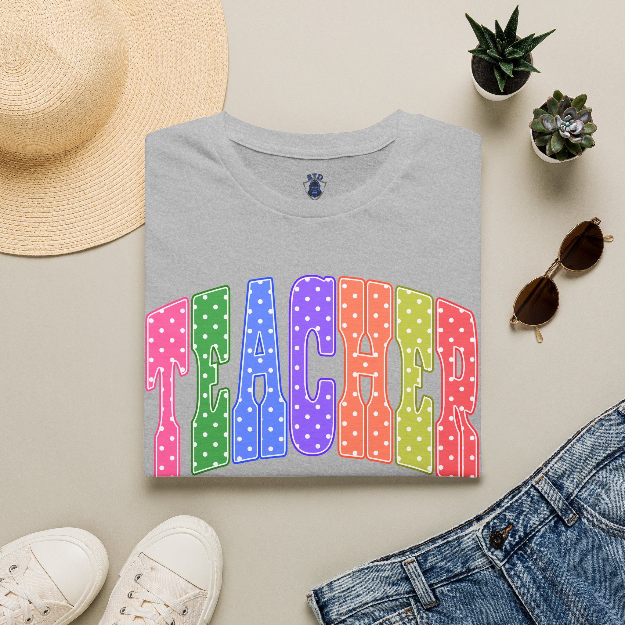 Teacher Colorblock Polka Dot T-Shirt — Bright Rainbow Educator Tee