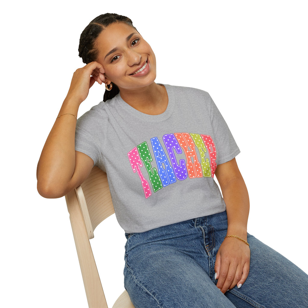 Teacher Colorblock Polka Dot T-Shirt — Bright Rainbow Educator Tee