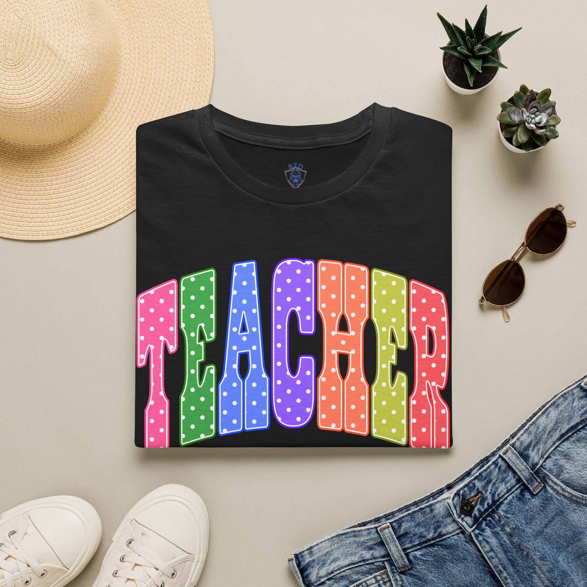 Teacher Colorblock Polka Dot T-Shirt — Bright Rainbow Educator Tee