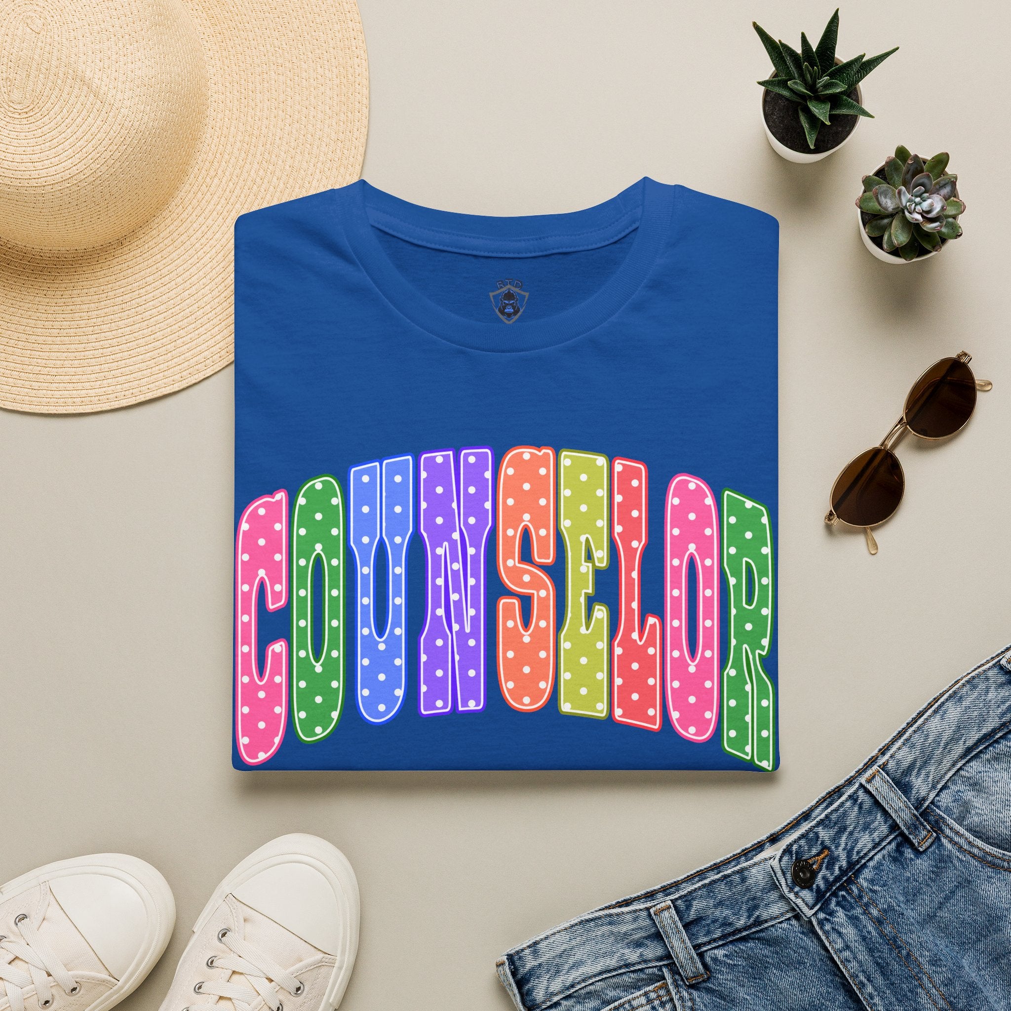 Counselor Rainbow Polka Dot T-Shirt — Colorful Retro School Staff Tee