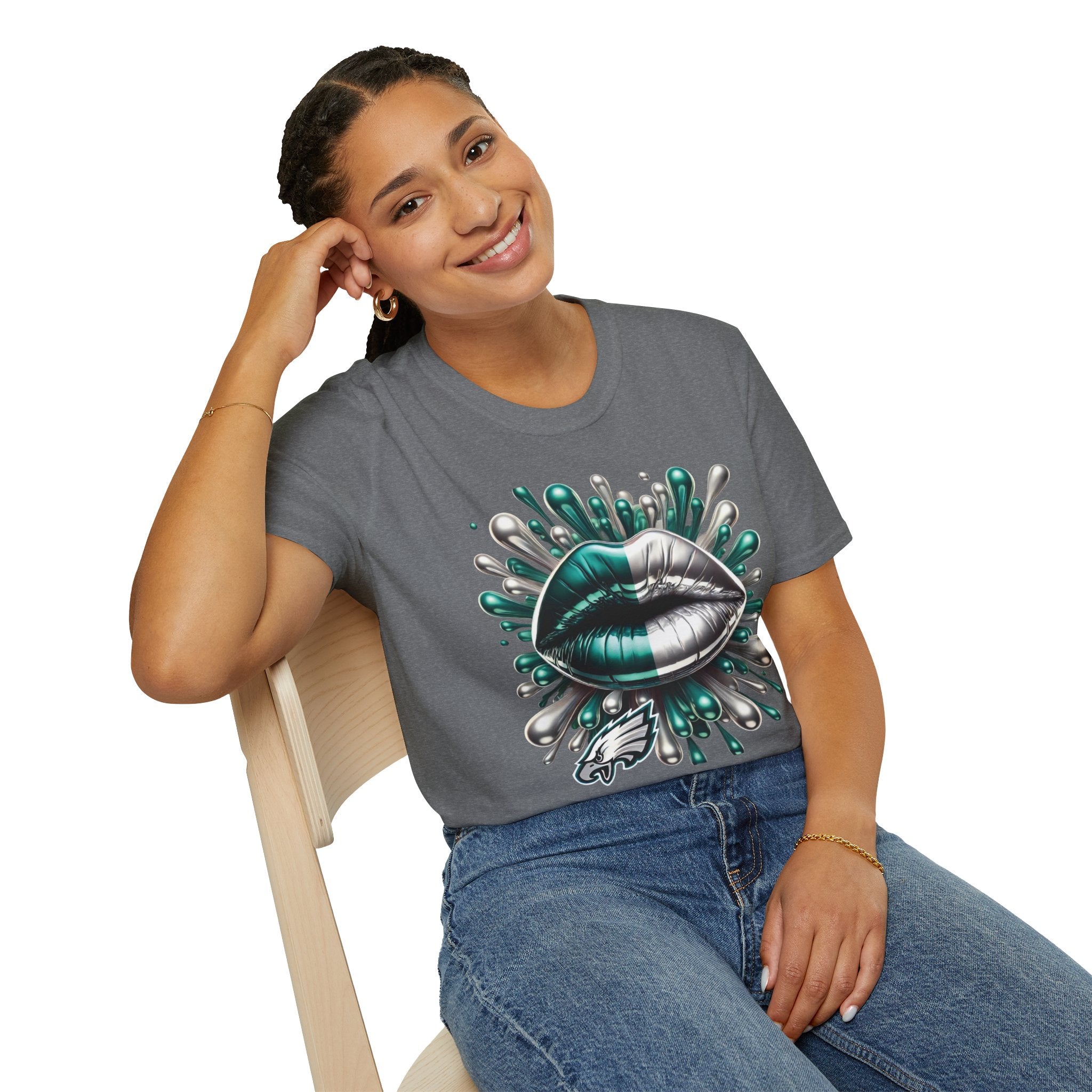 Graphic Tee — Metallic Teal & Silver Lip Splash Design