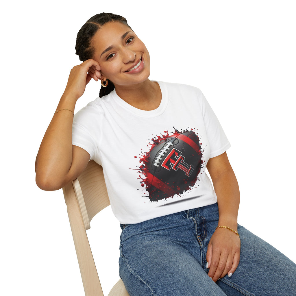 Texas Tech Football Tee — Red & Black Splash Football Design
