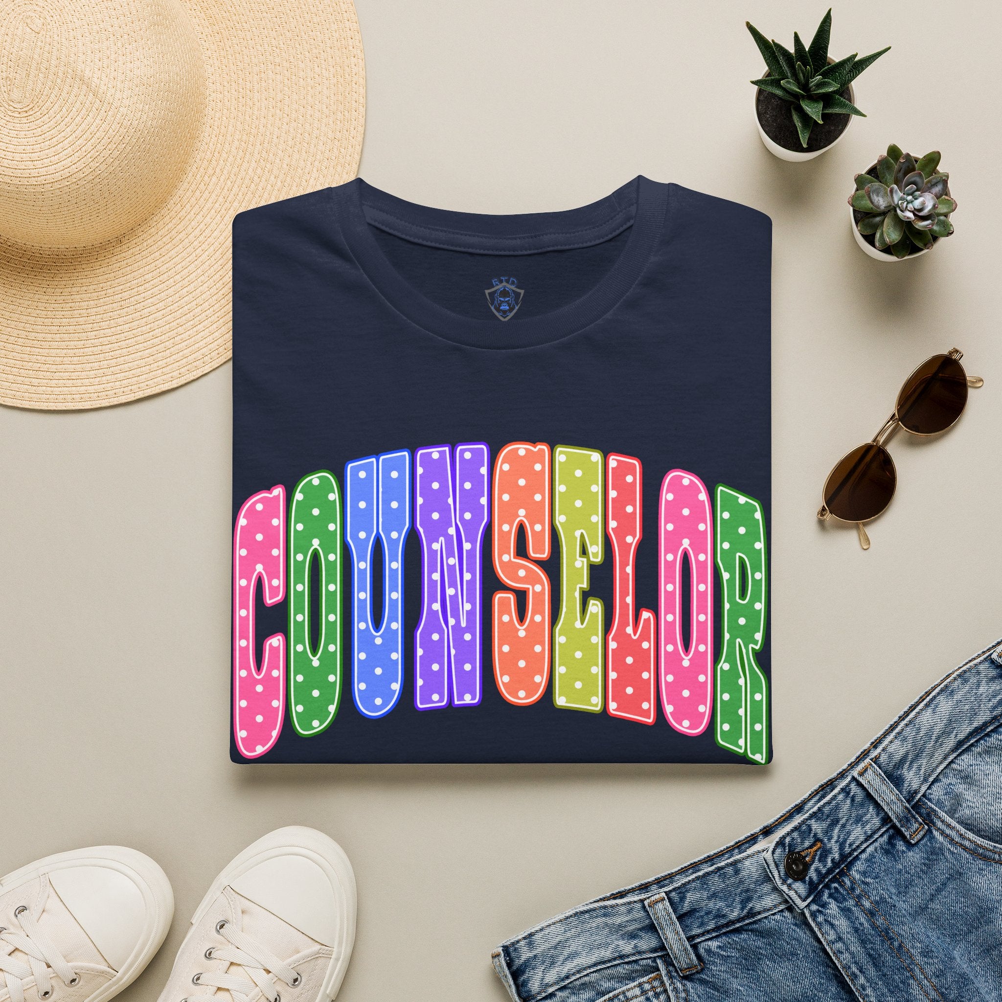 Counselor Rainbow Polka Dot T-Shirt — Colorful Retro School Staff Tee
