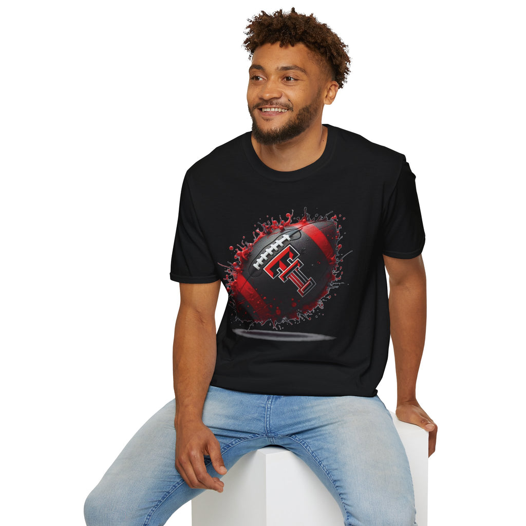Texas Tech Football Tee — Red & Black Splash Football Design