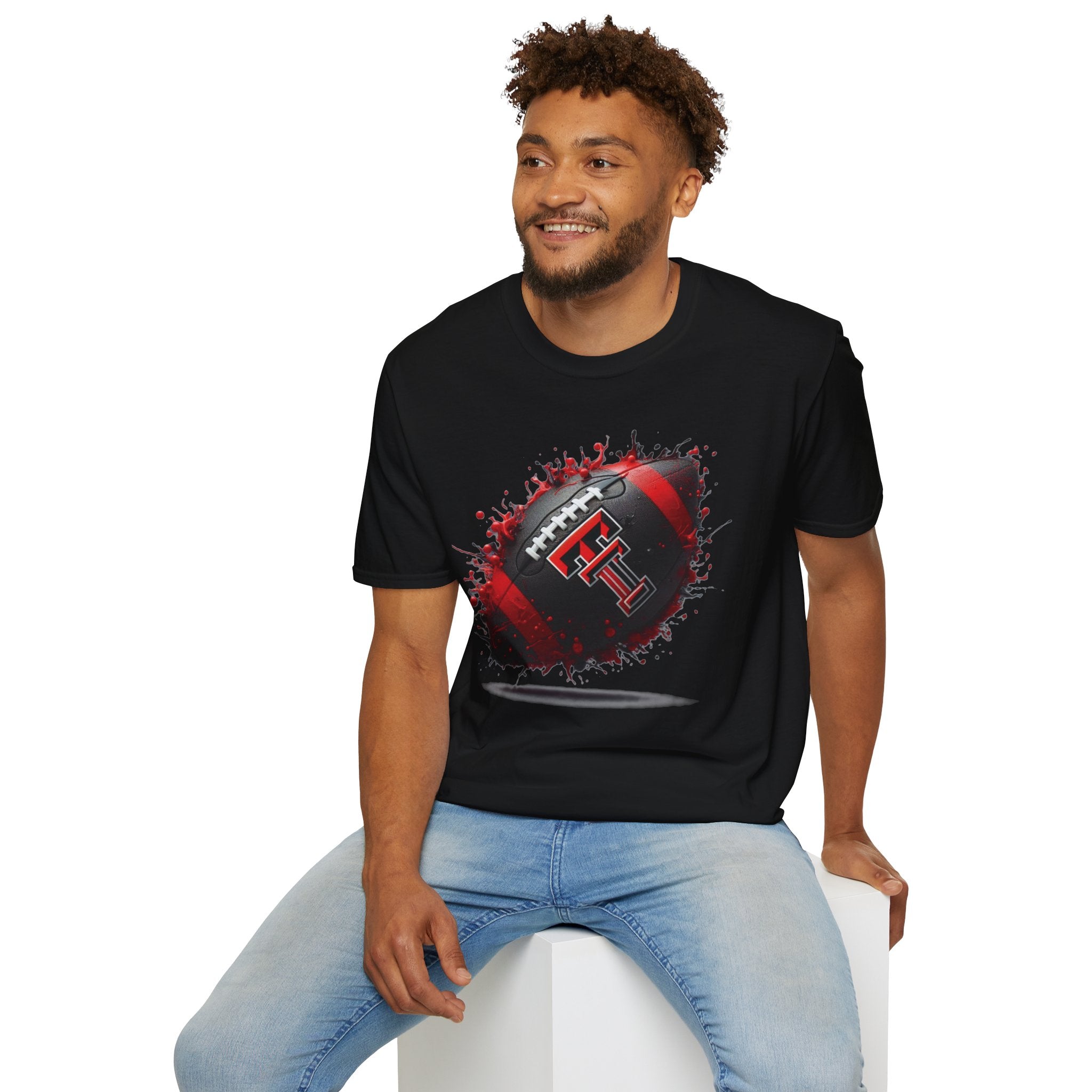 Texas Tech Football Tee — Red & Black Splash Football Design