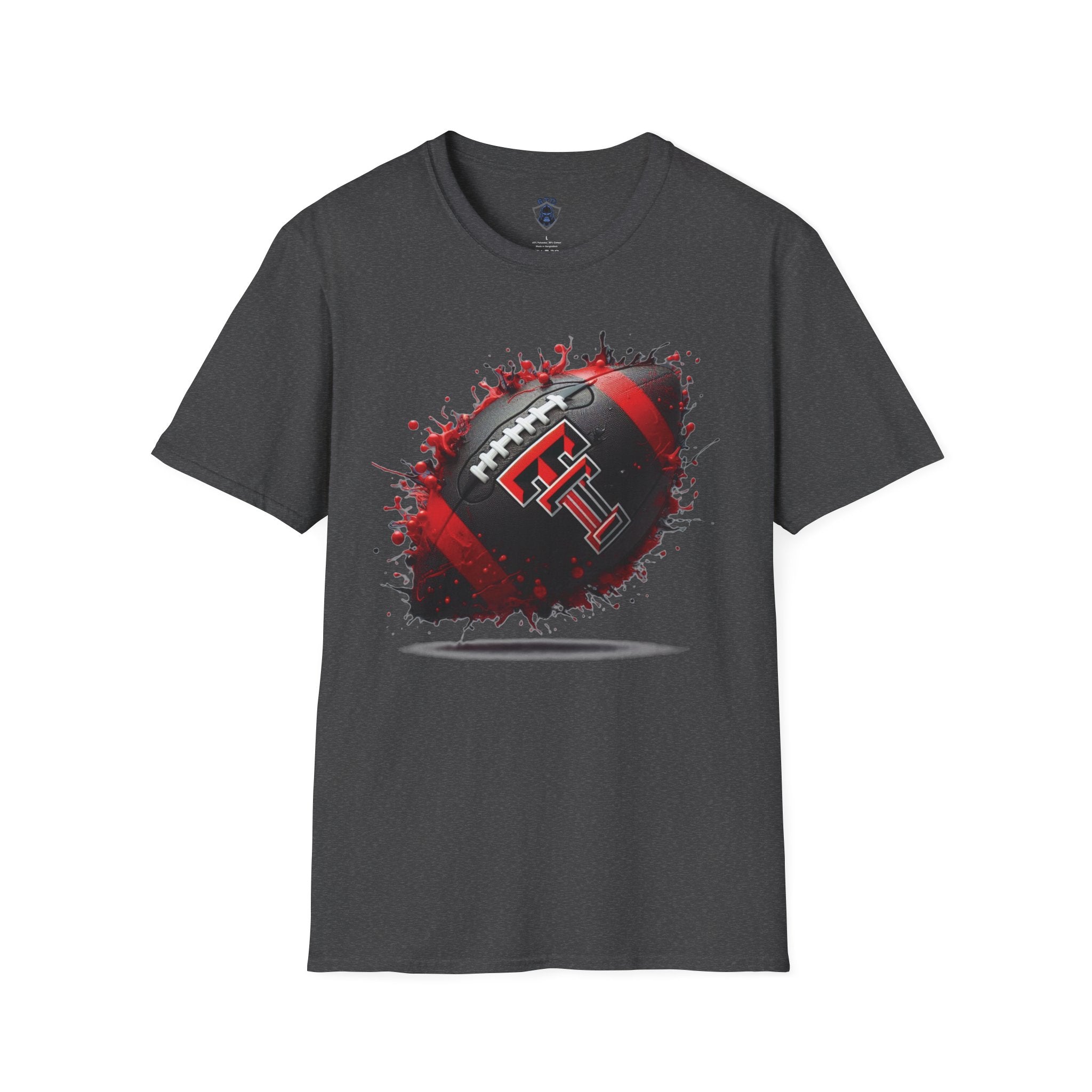 Texas Tech Football Tee — Red & Black Splash Football Design