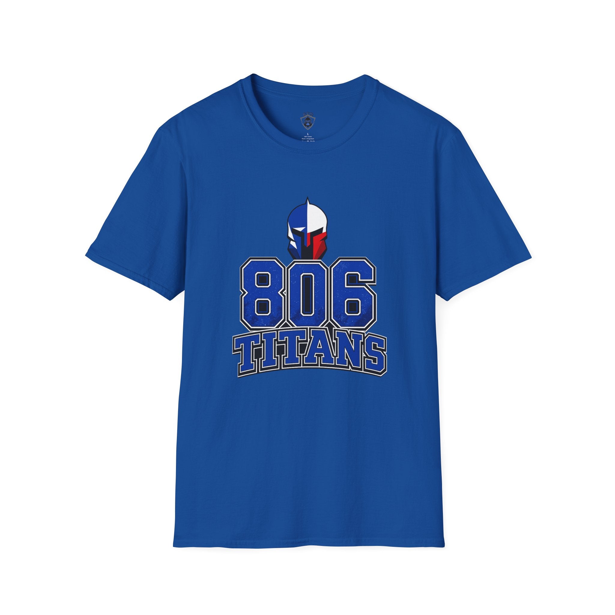 806 Titans T-Shirt — Spartan Helmet Logo Blue & Red Sports Tee