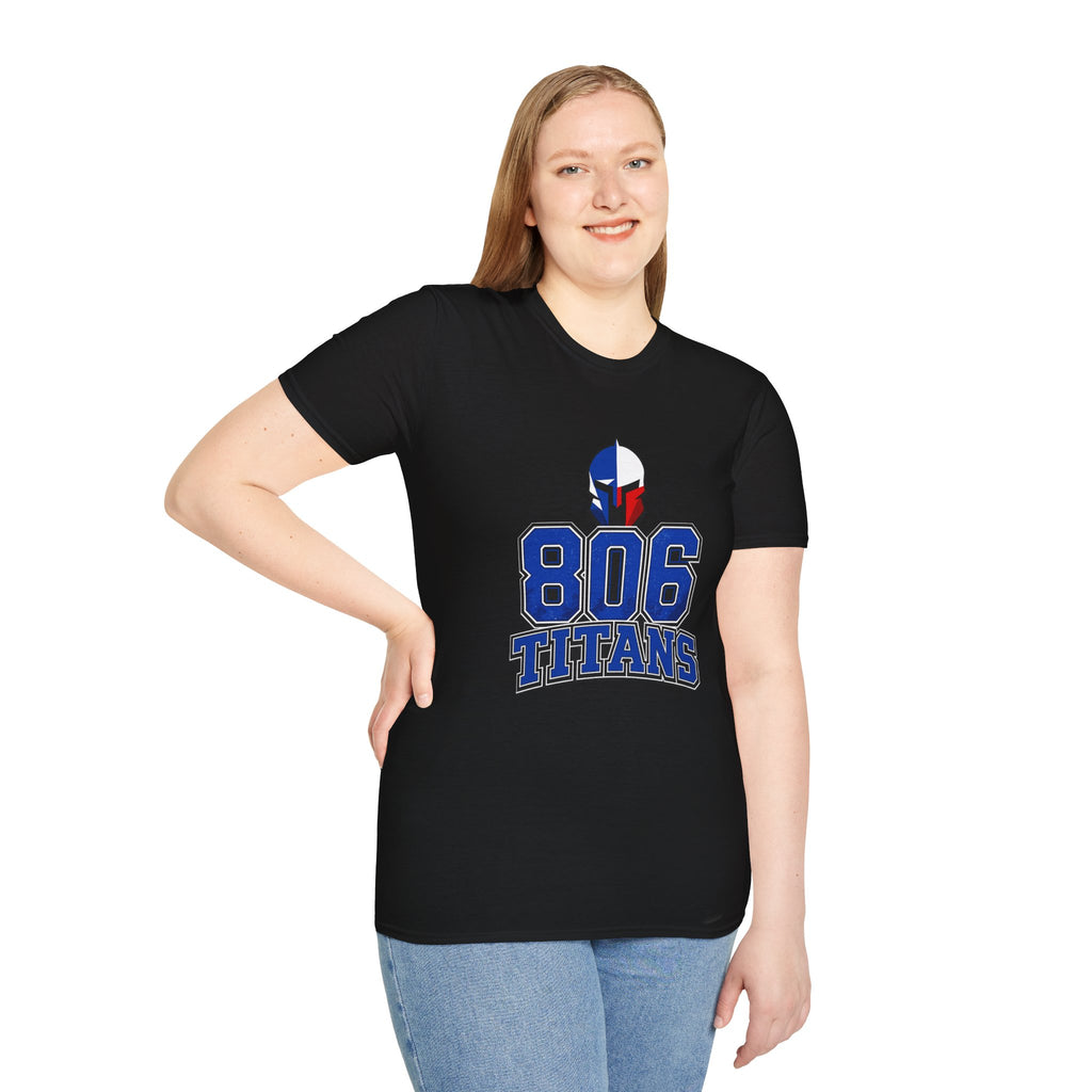 806 Titans T-Shirt — Spartan Helmet Logo Blue & Red Sports Tee