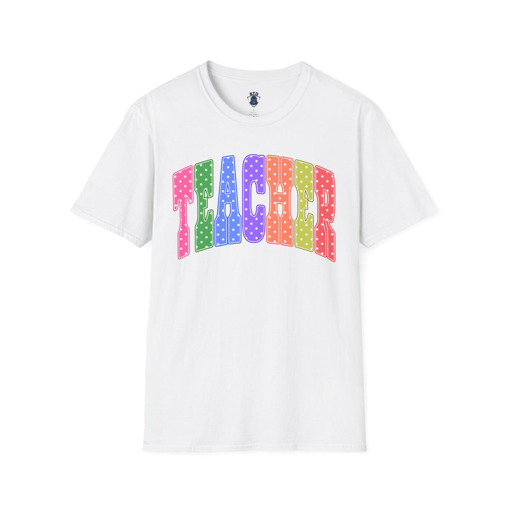 Teacher Colorblock Polka Dot T-Shirt — Bright Rainbow Educator Tee