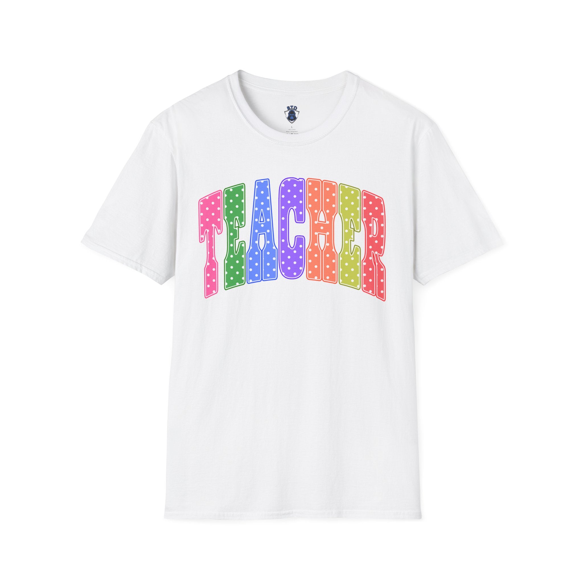 Teacher Colorblock Polka Dot T-Shirt — Bright Rainbow Educator Tee