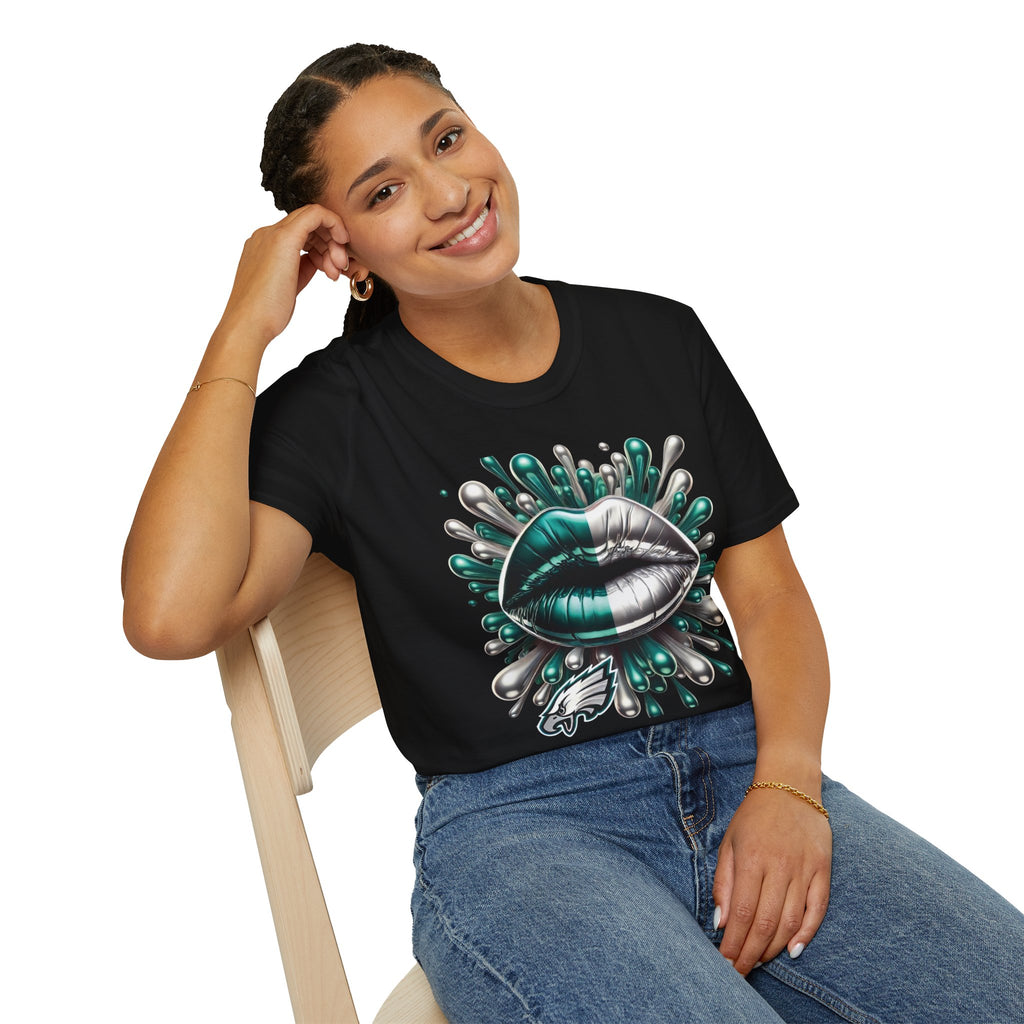 Graphic Tee — Metallic Teal & Silver Lip Splash Design