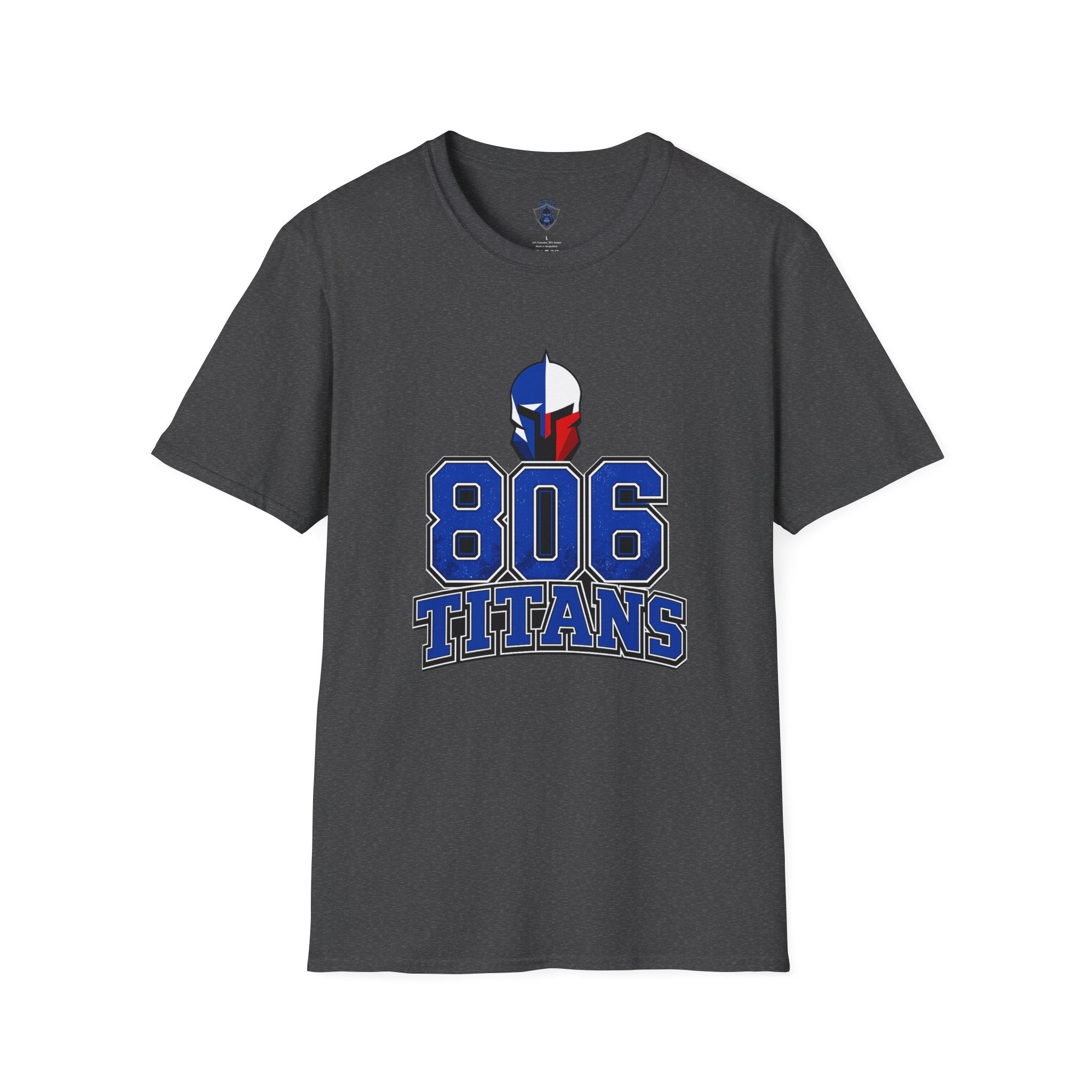 806 Titans T-Shirt — Spartan Helmet Logo Blue & Red Sports Tee