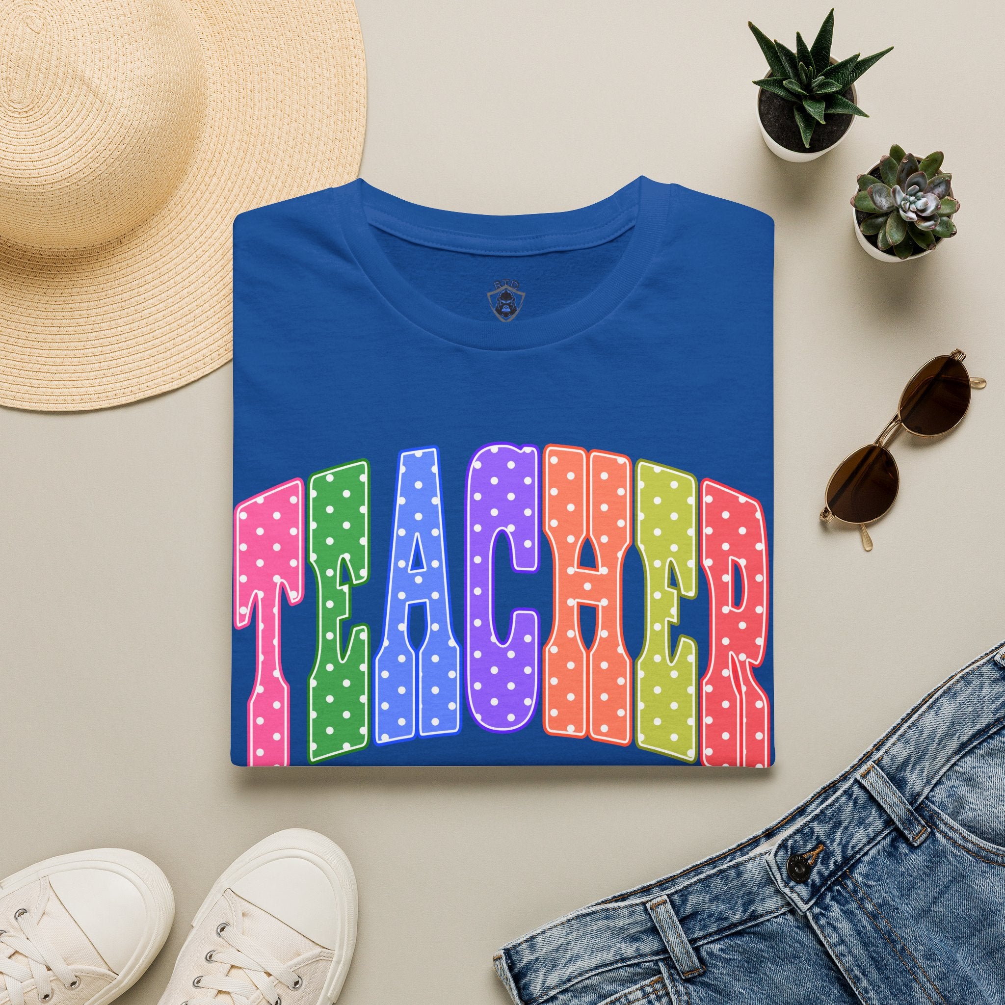 Teacher Colorblock Polka Dot T-Shirt — Bright Rainbow Educator Tee