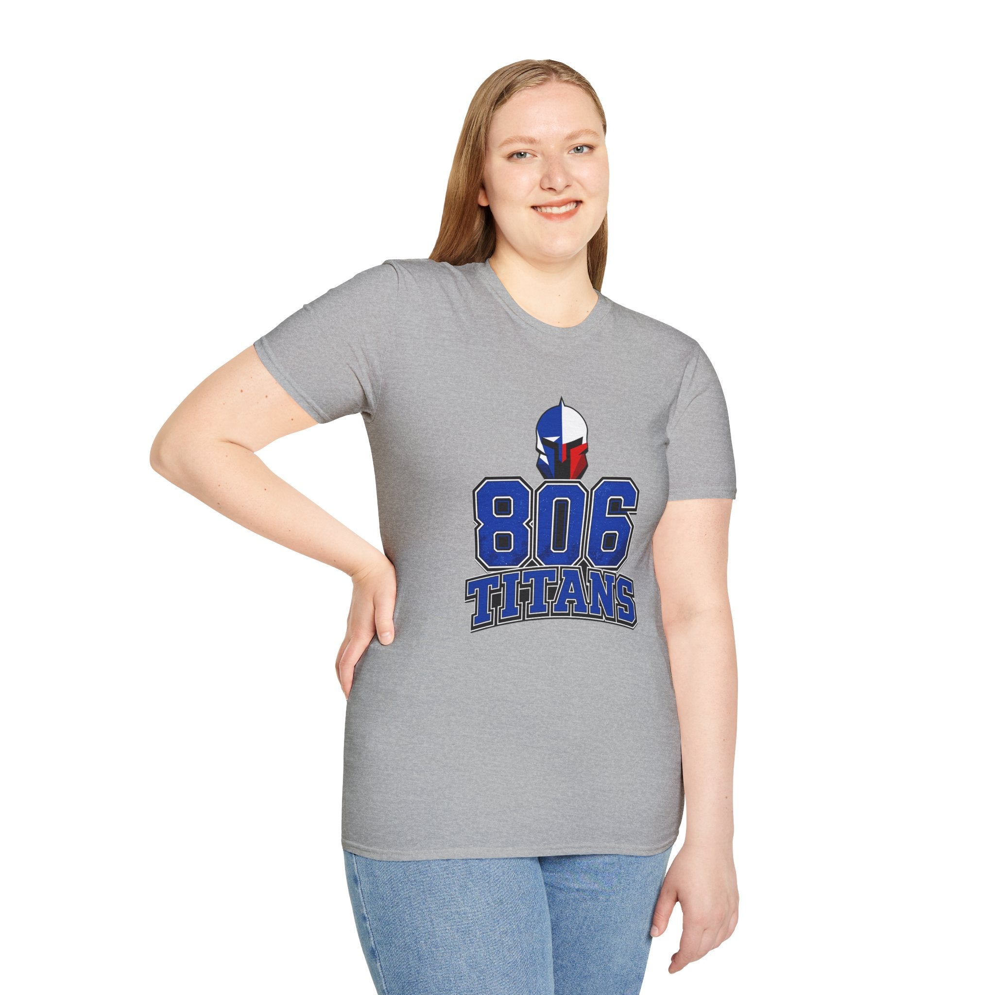 806 Titans T-Shirt — Spartan Helmet Logo Blue & Red Sports Tee