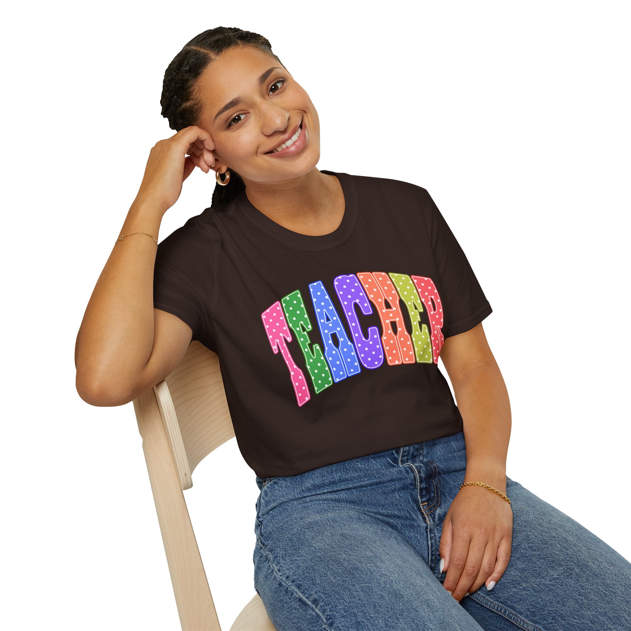 Teacher Colorblock Polka Dot T-Shirt — Bright Rainbow Educator Tee