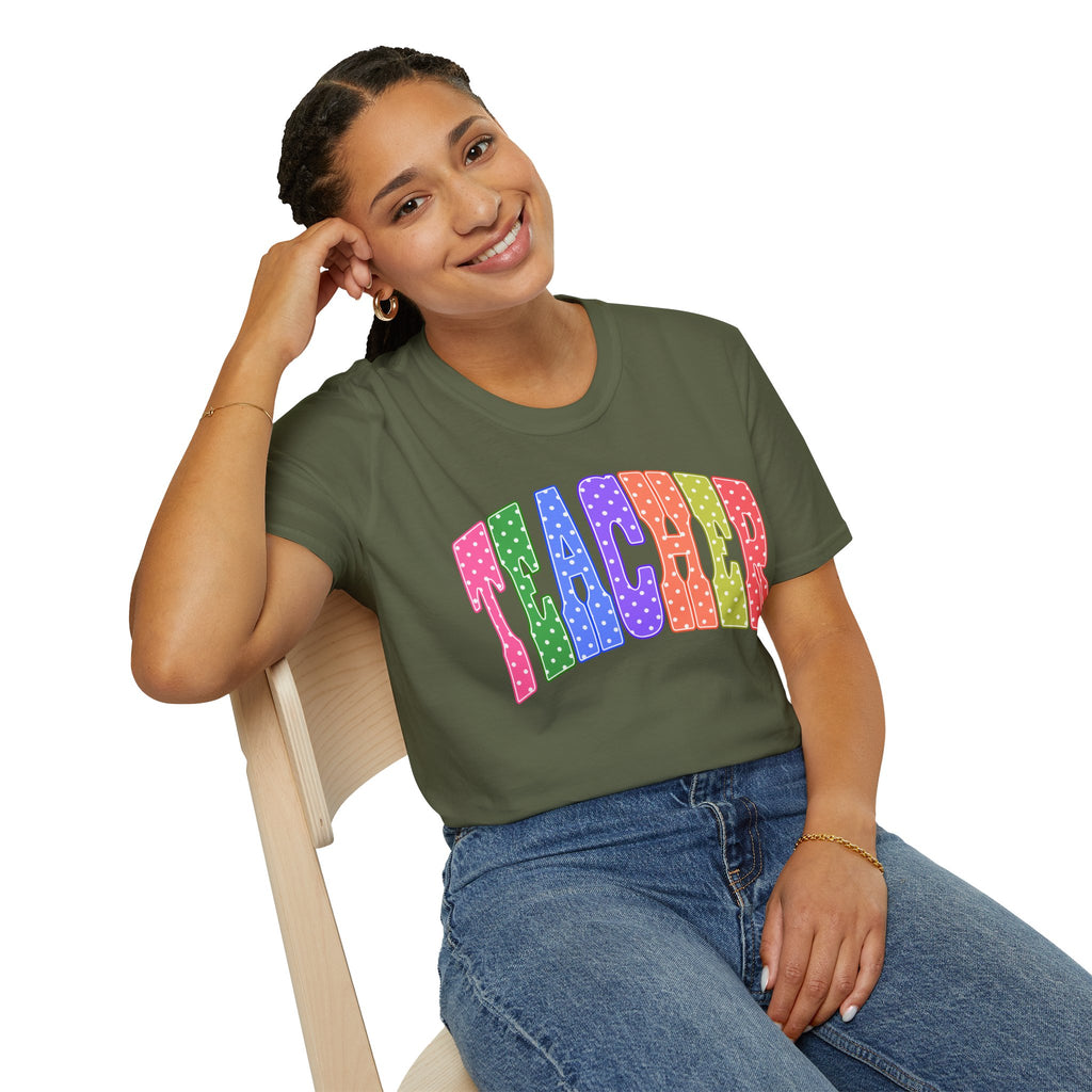 Teacher Colorblock Polka Dot T-Shirt — Bright Rainbow Educator Tee