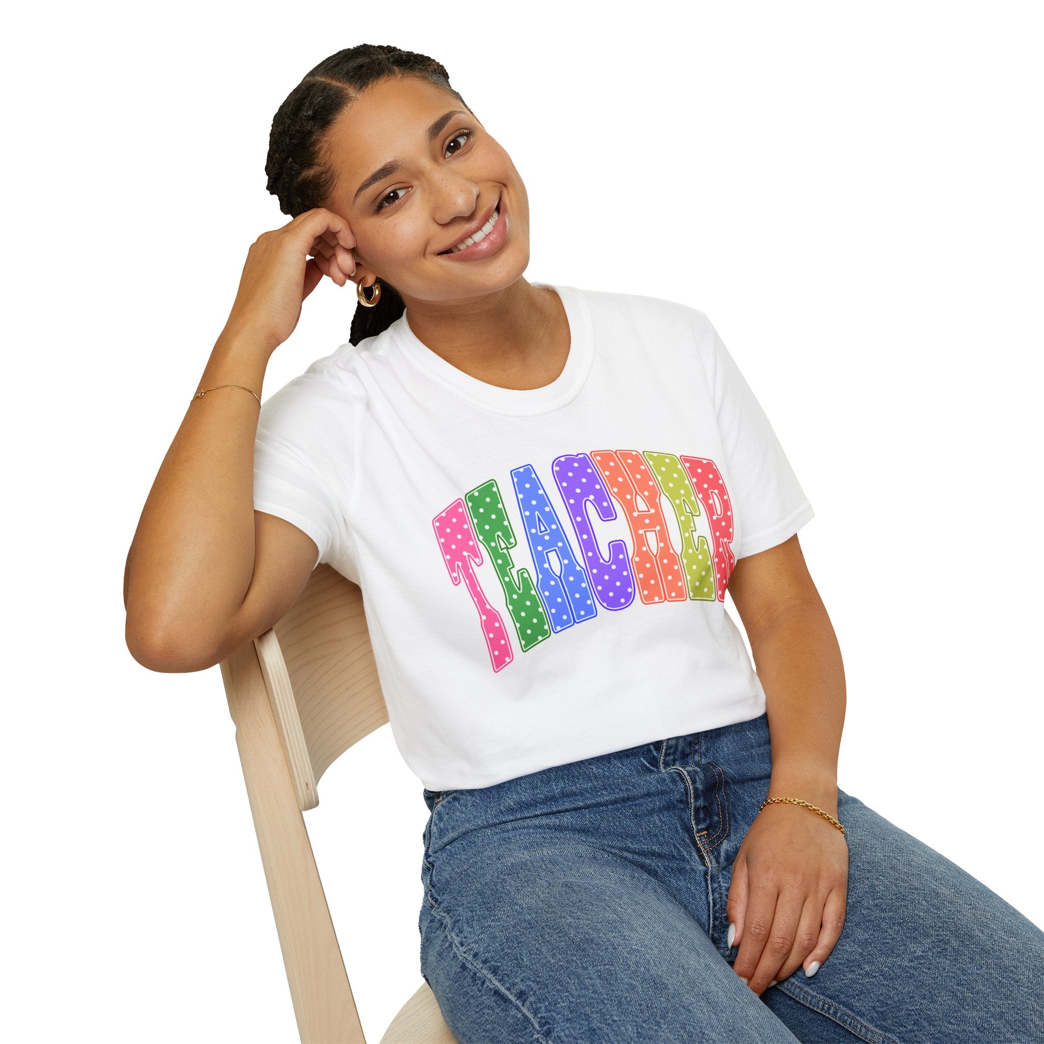 Teacher Colorblock Polka Dot T-Shirt — Bright Rainbow Educator Tee