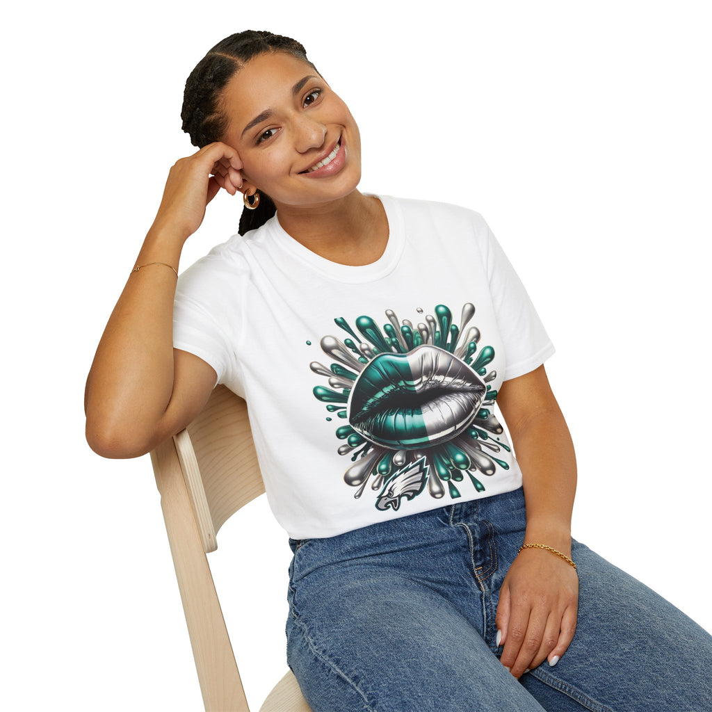 Graphic Tee — Metallic Teal & Silver Lip Splash Design