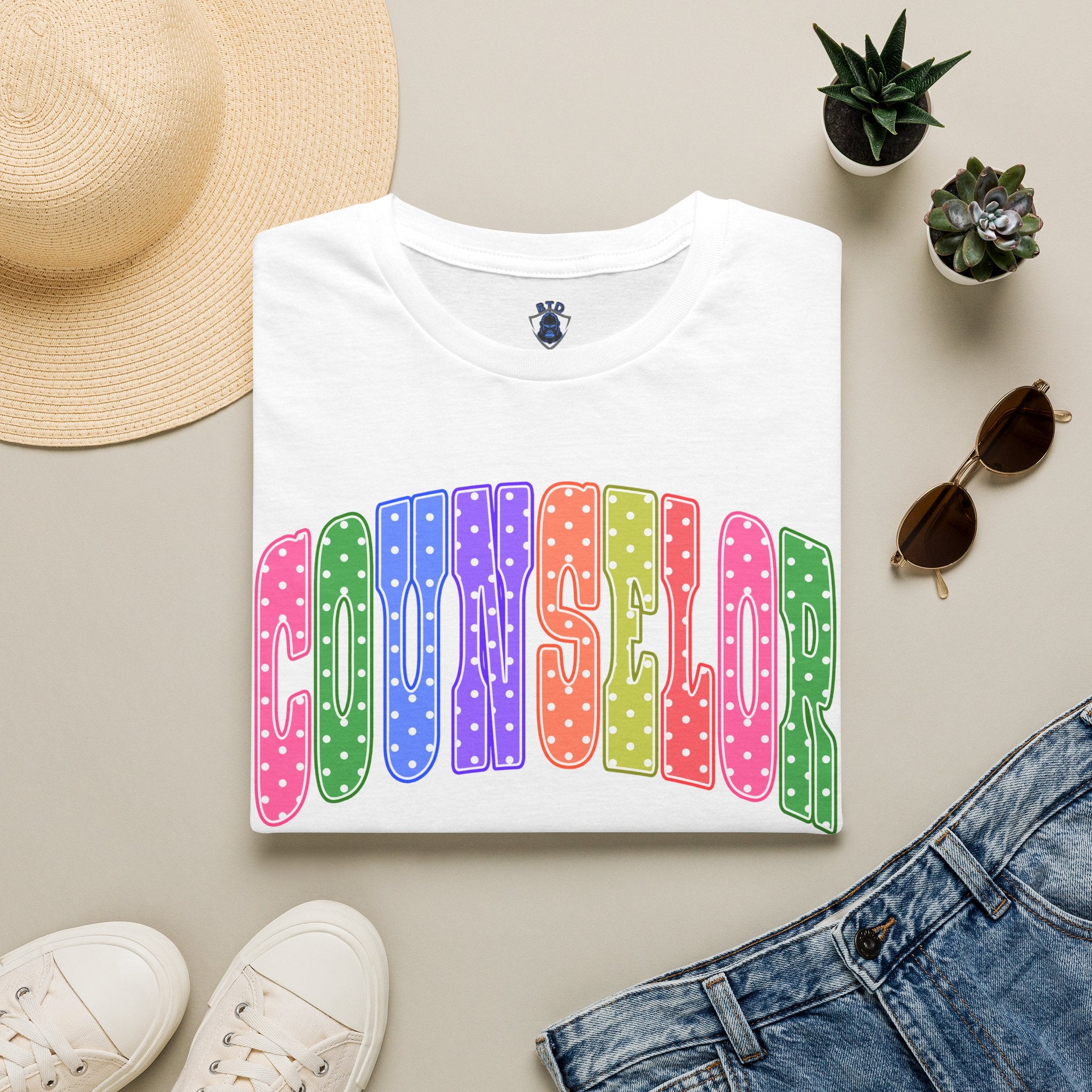 Counselor Rainbow Polka Dot T-Shirt — Colorful Retro School Staff Tee