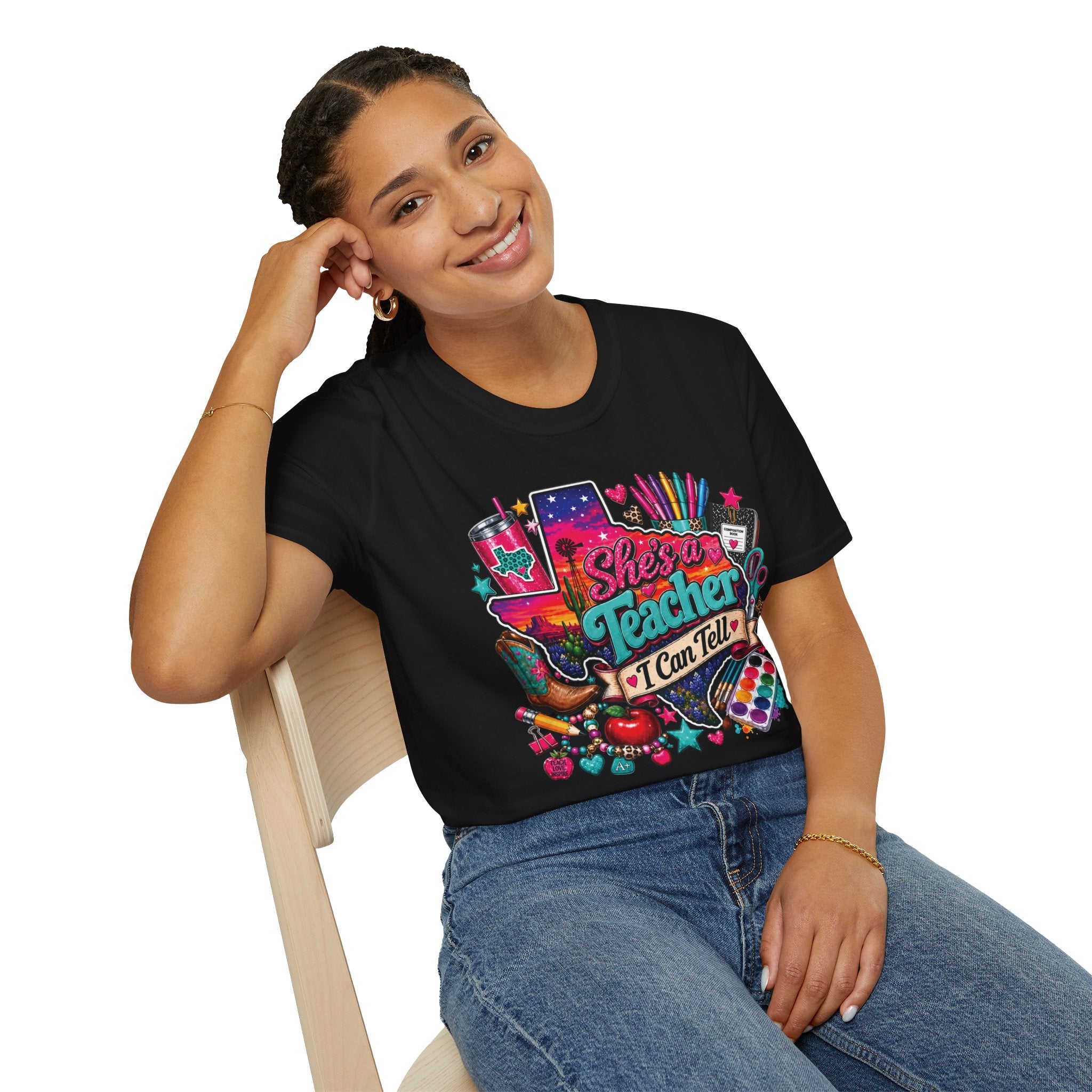 She’s a Teacher I Can Tell T-Shirt — Colorful Teacher Appreciation Tee