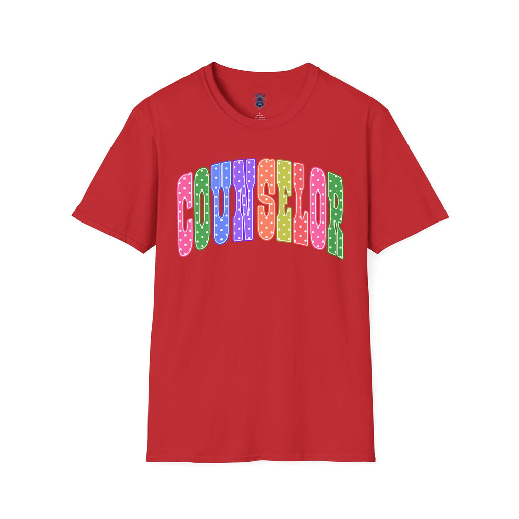 Counselor Rainbow Polka Dot T-Shirt — Colorful Retro School Staff Tee