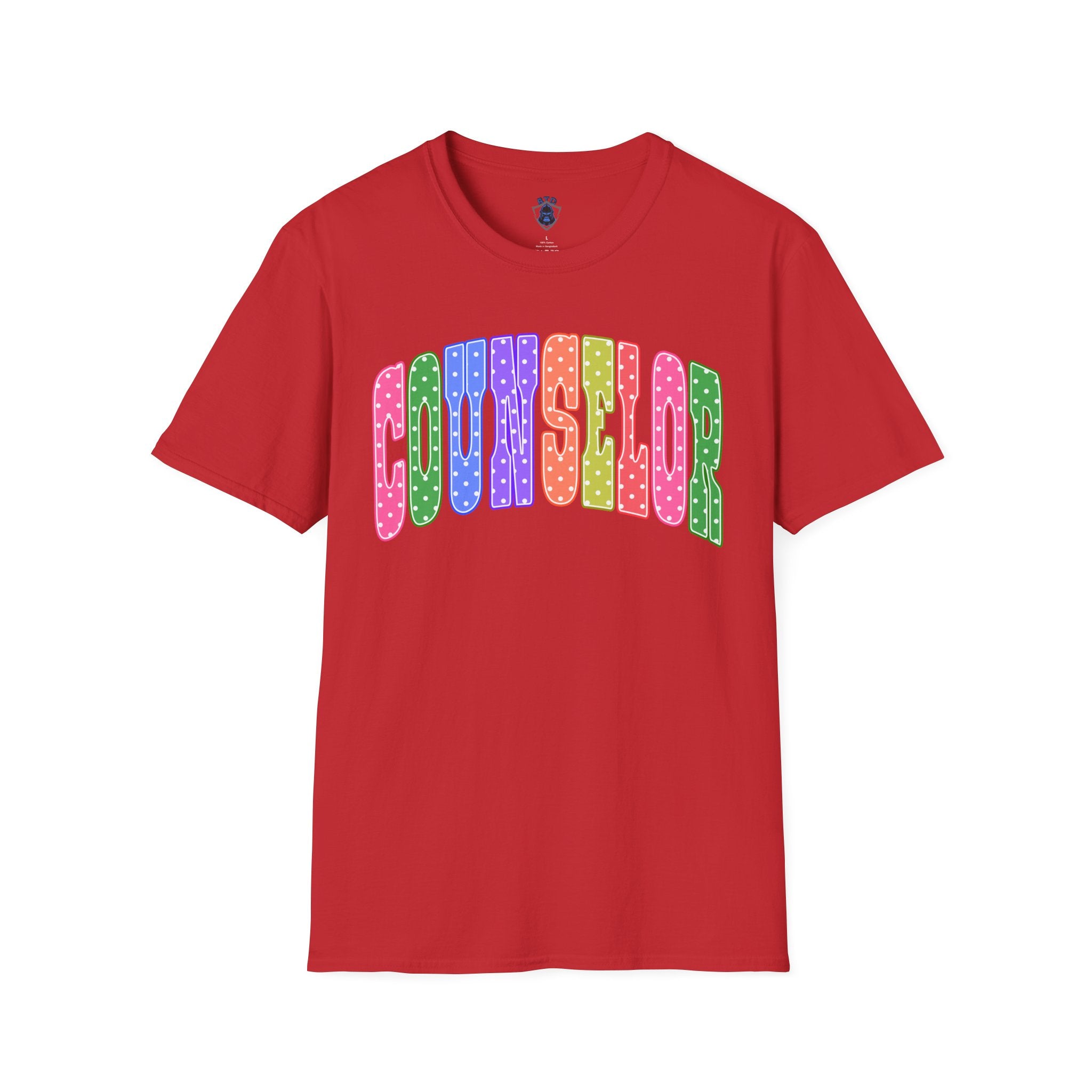 Counselor Rainbow Polka Dot T-Shirt — Colorful Retro School Staff Tee