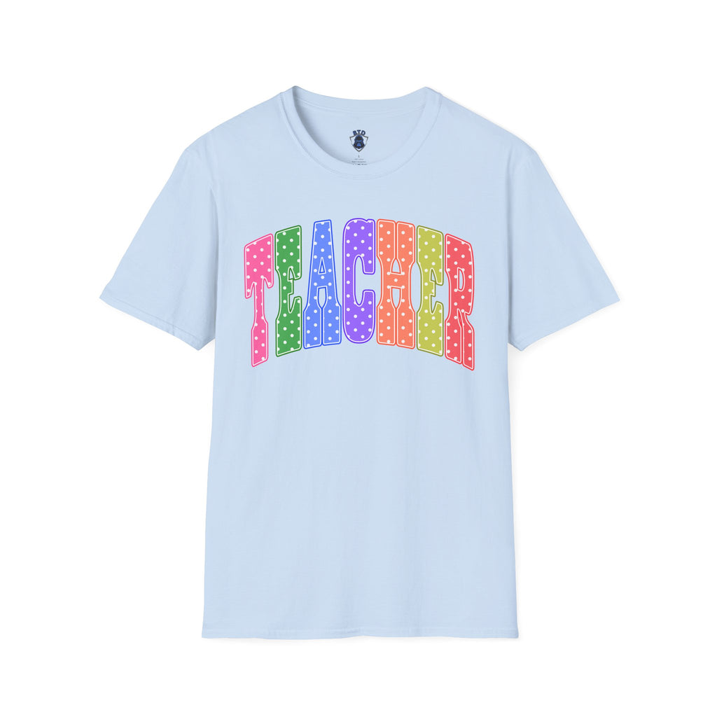 Teacher Colorblock Polka Dot T-Shirt — Bright Rainbow Educator Tee