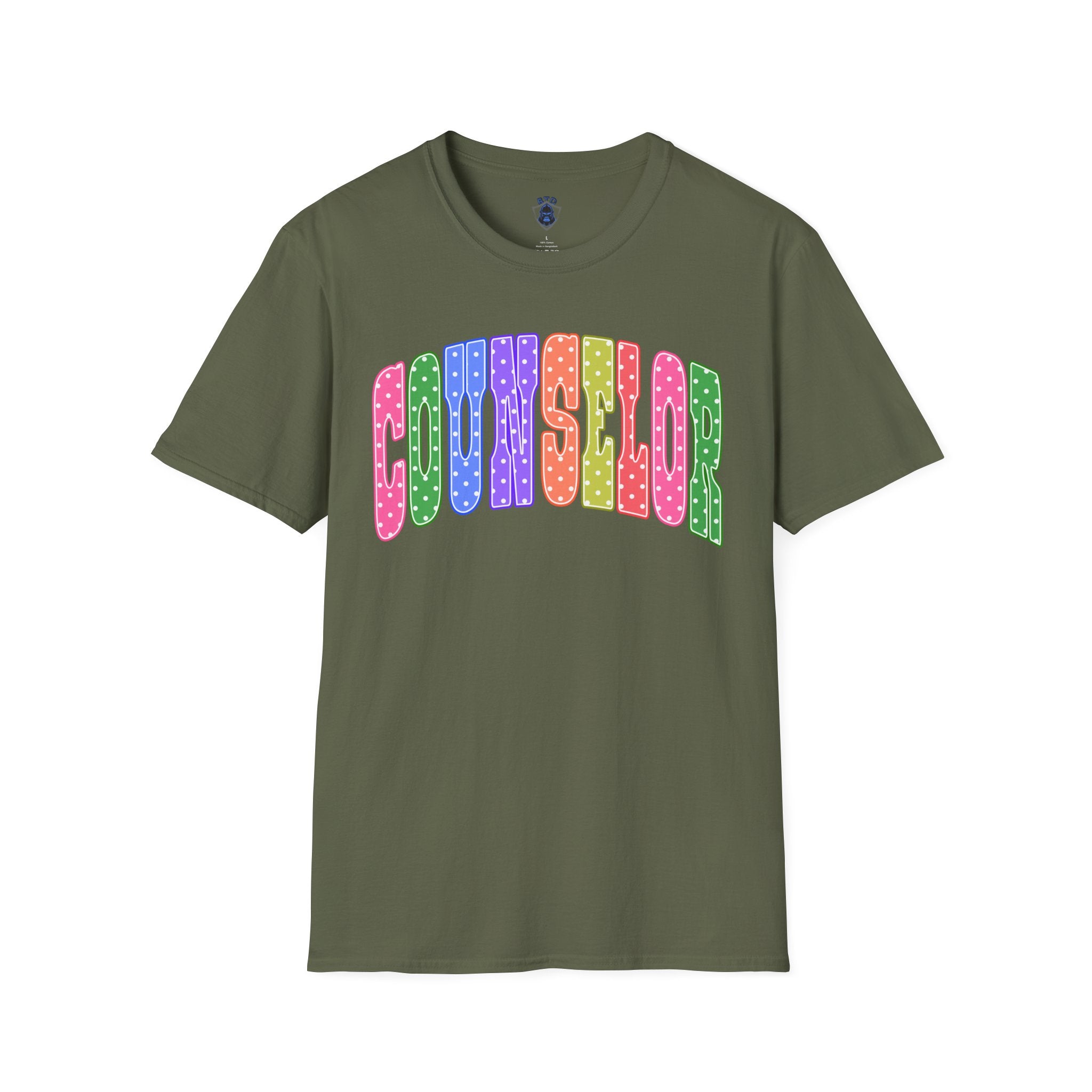Counselor Rainbow Polka Dot T-Shirt — Colorful Retro School Staff Tee