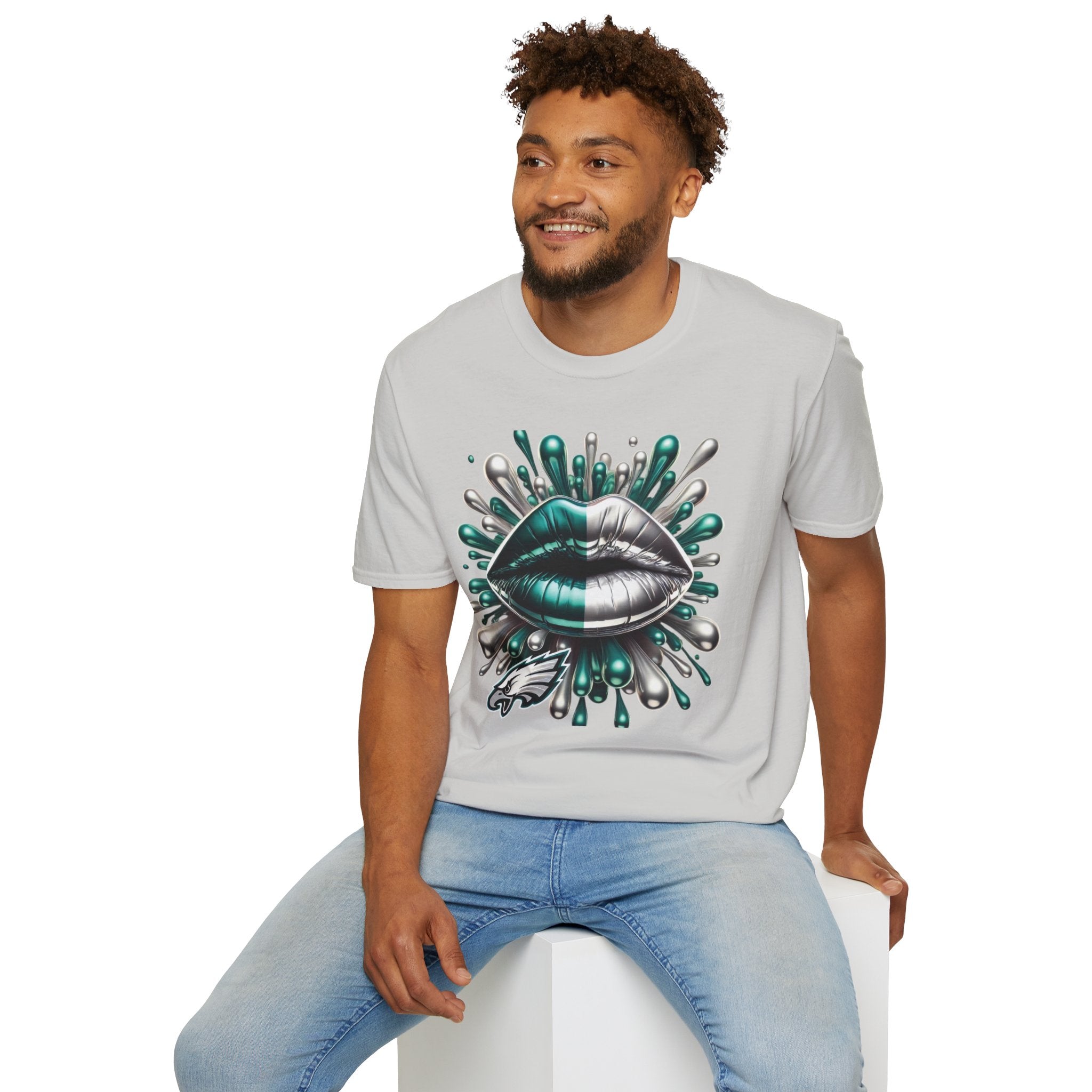 Graphic Tee — Metallic Teal & Silver Lip Splash Design