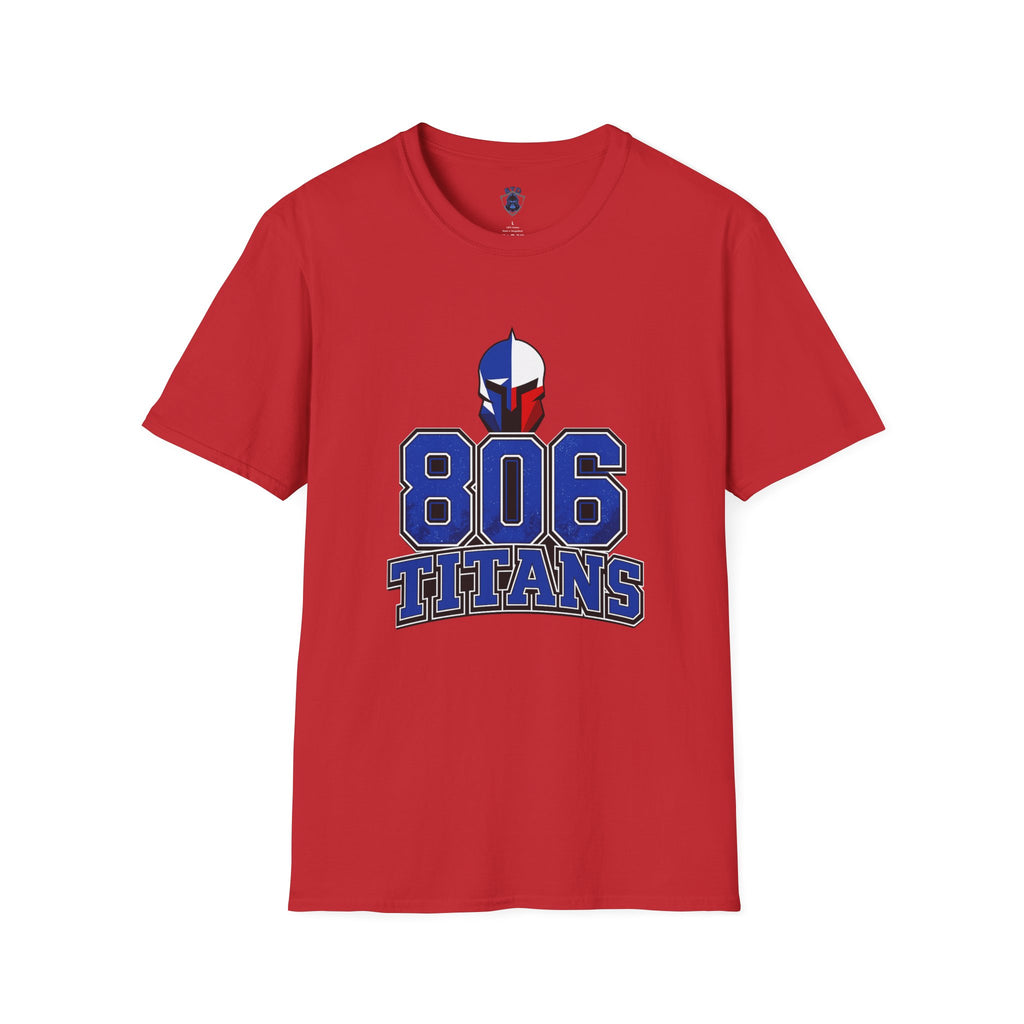 806 Titans T-Shirt — Spartan Helmet Logo Blue & Red Sports Tee