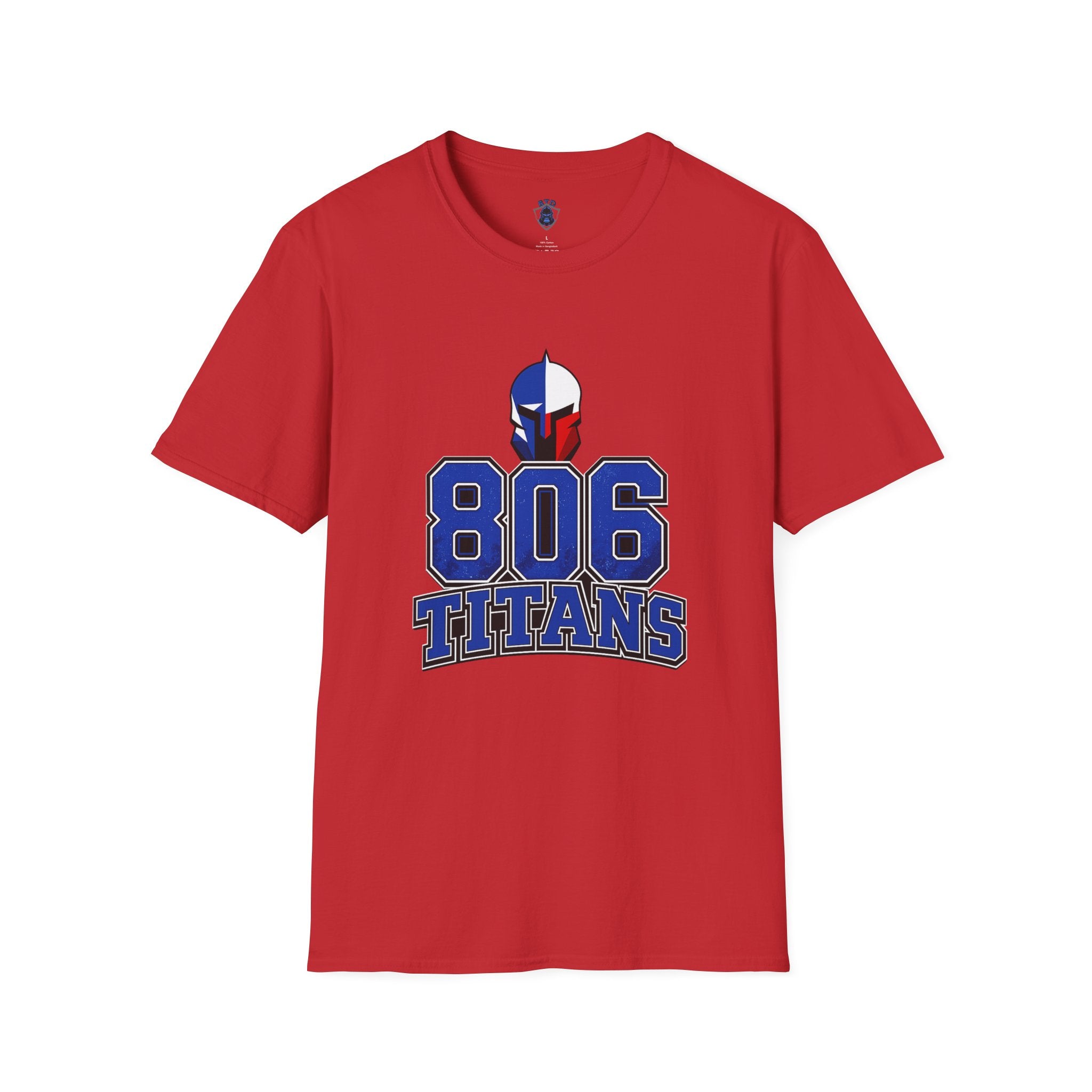 806 Titans T-Shirt — Spartan Helmet Logo Blue & Red Sports Tee