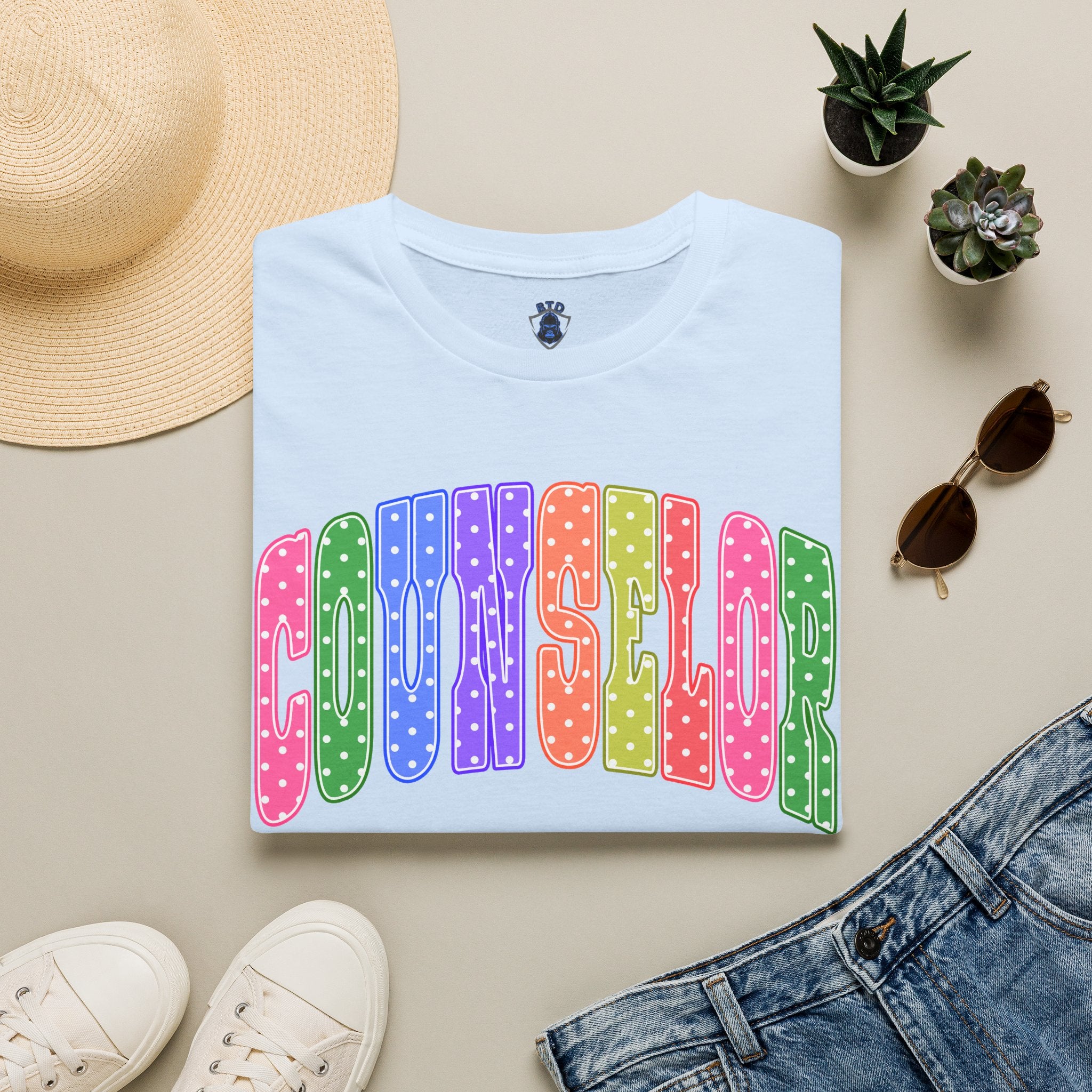 Counselor Rainbow Polka Dot T-Shirt — Colorful Retro School Staff Tee