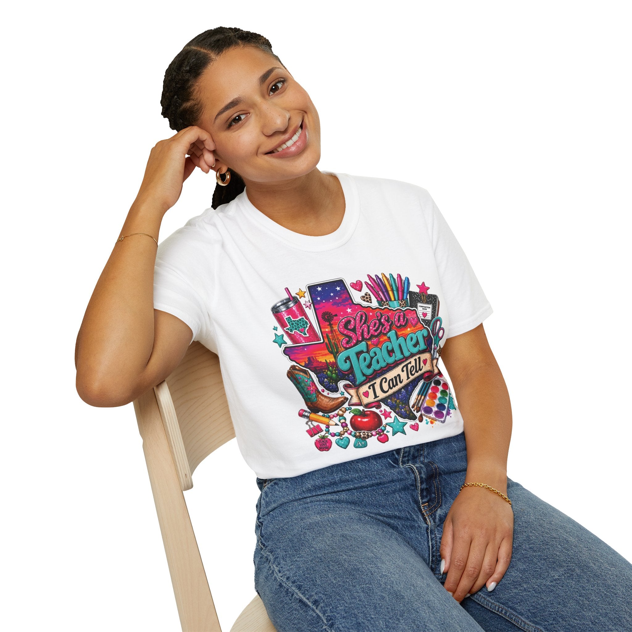 She’s a Teacher I Can Tell T-Shirt — Colorful Teacher Appreciation Tee