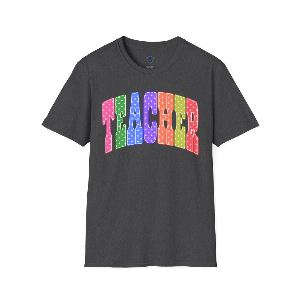 Teacher Colorblock Polka Dot T-Shirt — Bright Rainbow Educator Tee