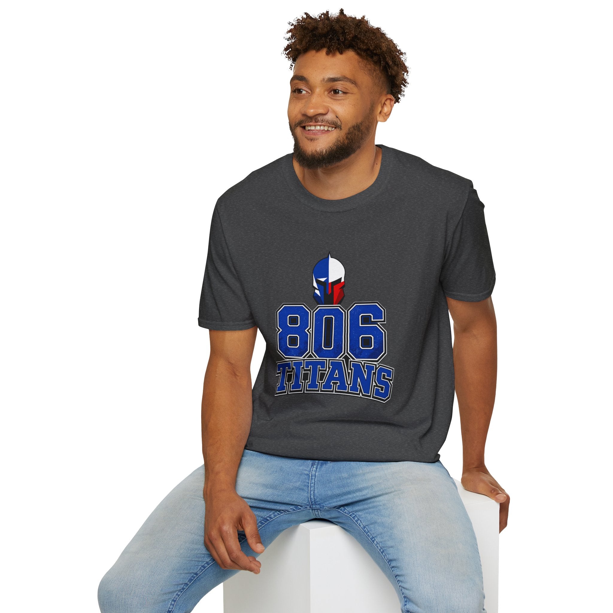 806 Titans T-Shirt — Spartan Helmet Logo Blue & Red Sports Tee