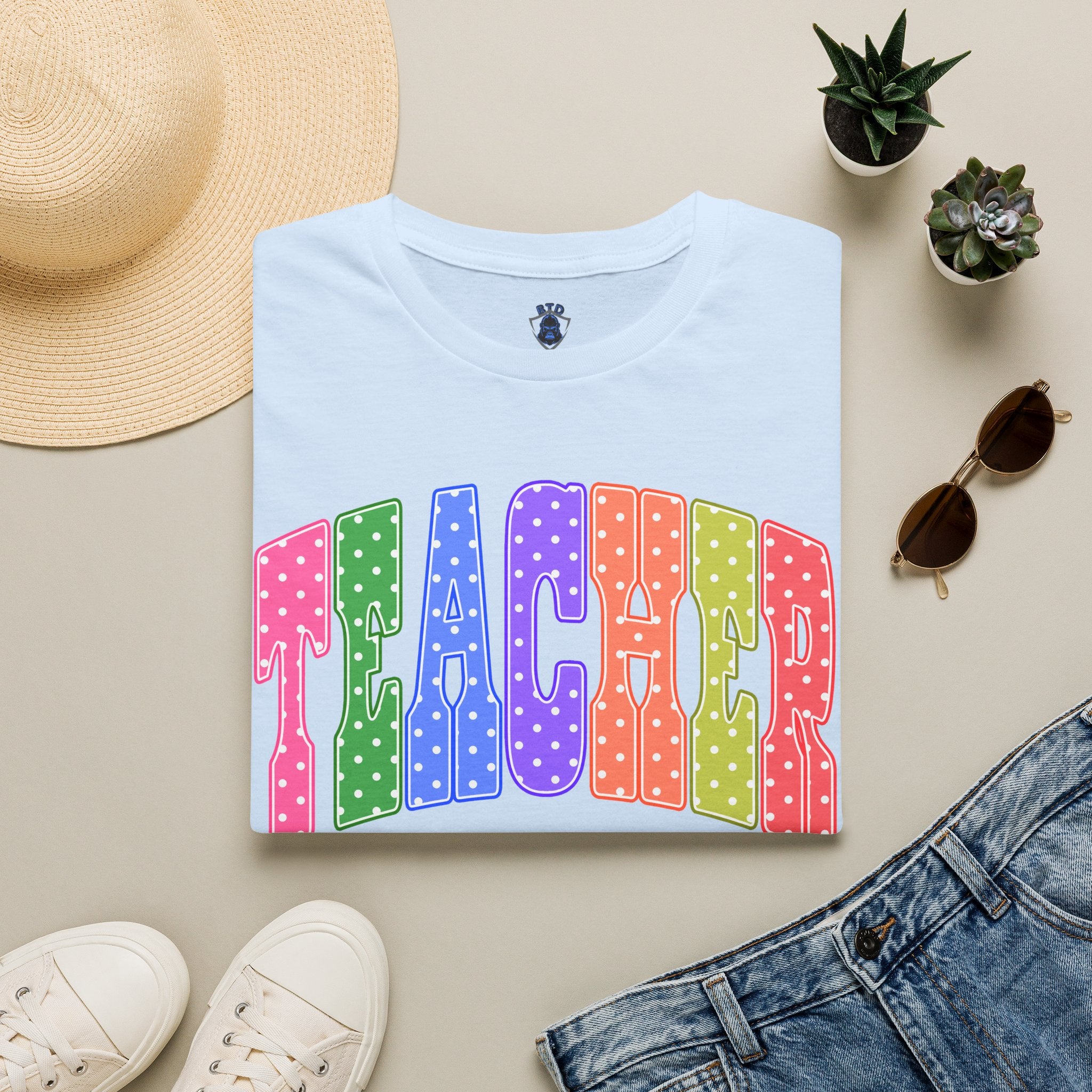 Teacher Colorblock Polka Dot T-Shirt — Bright Rainbow Educator Tee