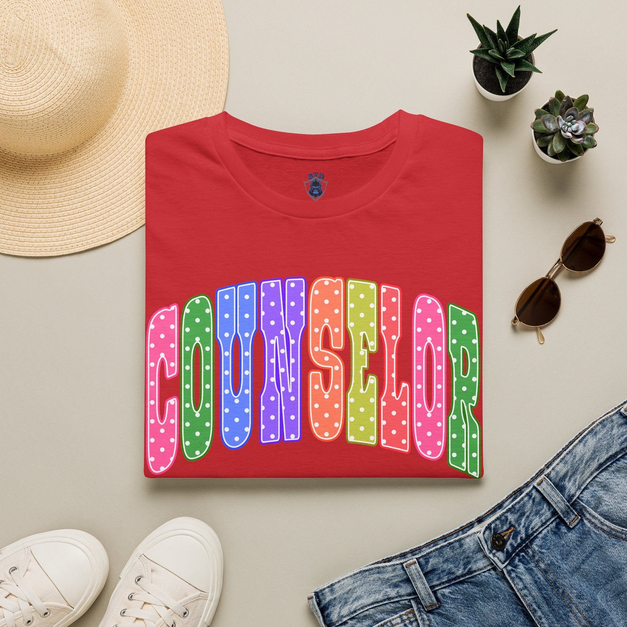 Counselor Rainbow Polka Dot T-Shirt — Colorful Retro School Staff Tee