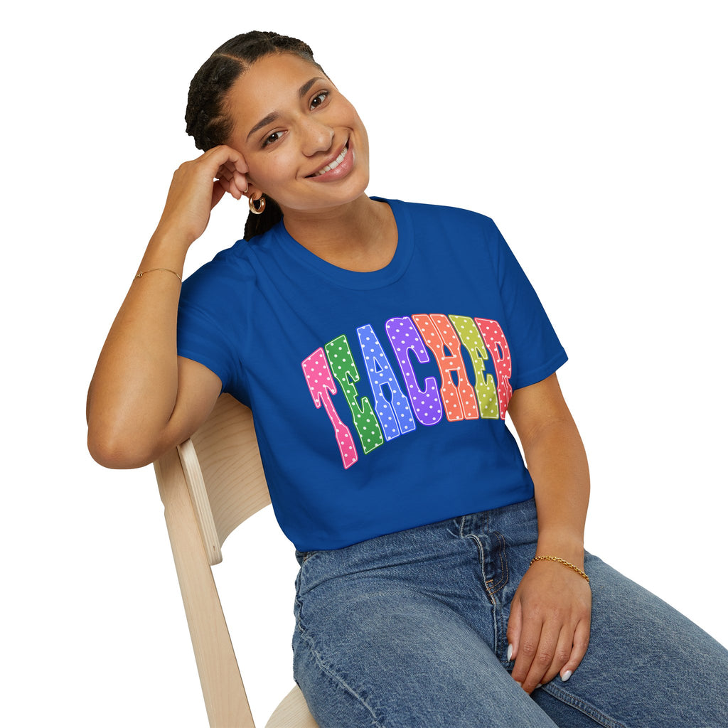 Teacher Colorblock Polka Dot T-Shirt — Bright Rainbow Educator Tee